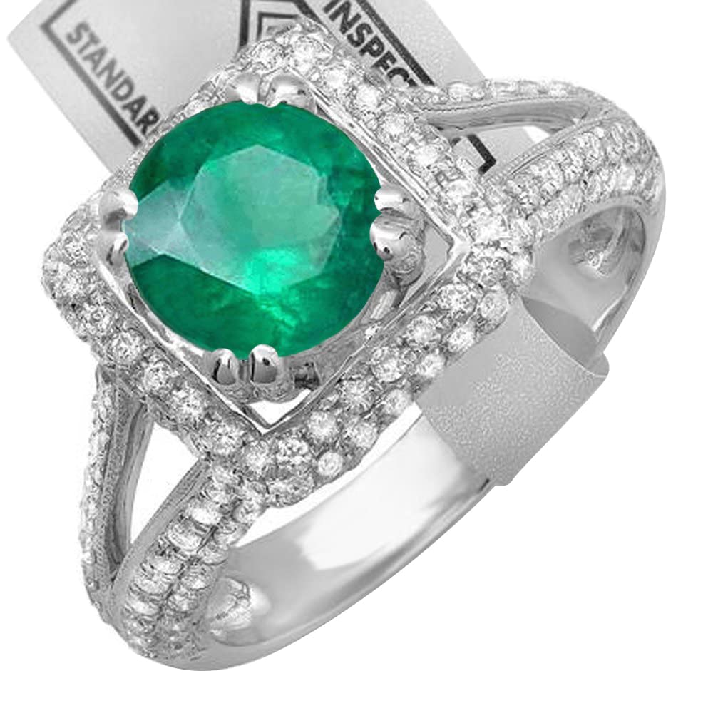 Dazzlingrock Collection 14K Solid White Gold Round Green Emerald & White Diamond Halo Engagement Ring for Women - Perfect for Bridal, Wedding, and Anniversary Gifts