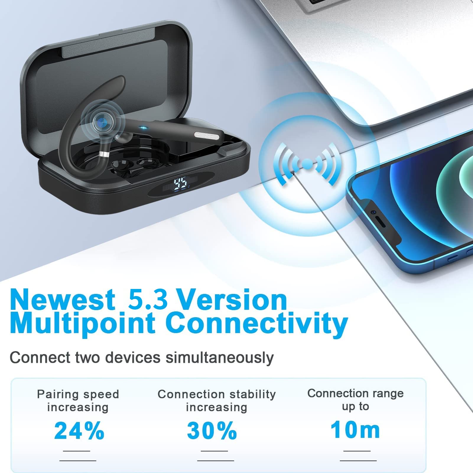 Bluetooth Headset with Mic 50Hrs - Wireless Earpiece for Truckers, Office & Driving
