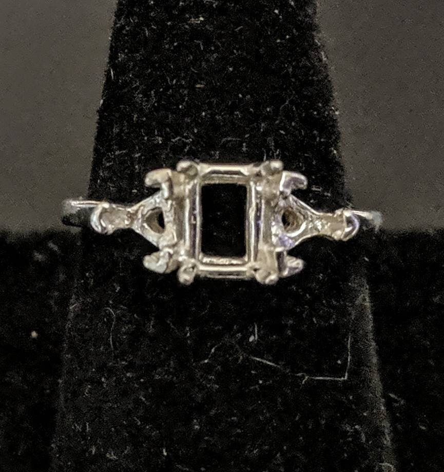 7x5 Emerald Cut Sterling Silver or 14kt Gold Ring with Trillion Accents - Size 7 Pre-Notched Blank Setting (163 460/143 460) - Perfect for Engagement, Wedding & Anniversary Gifts