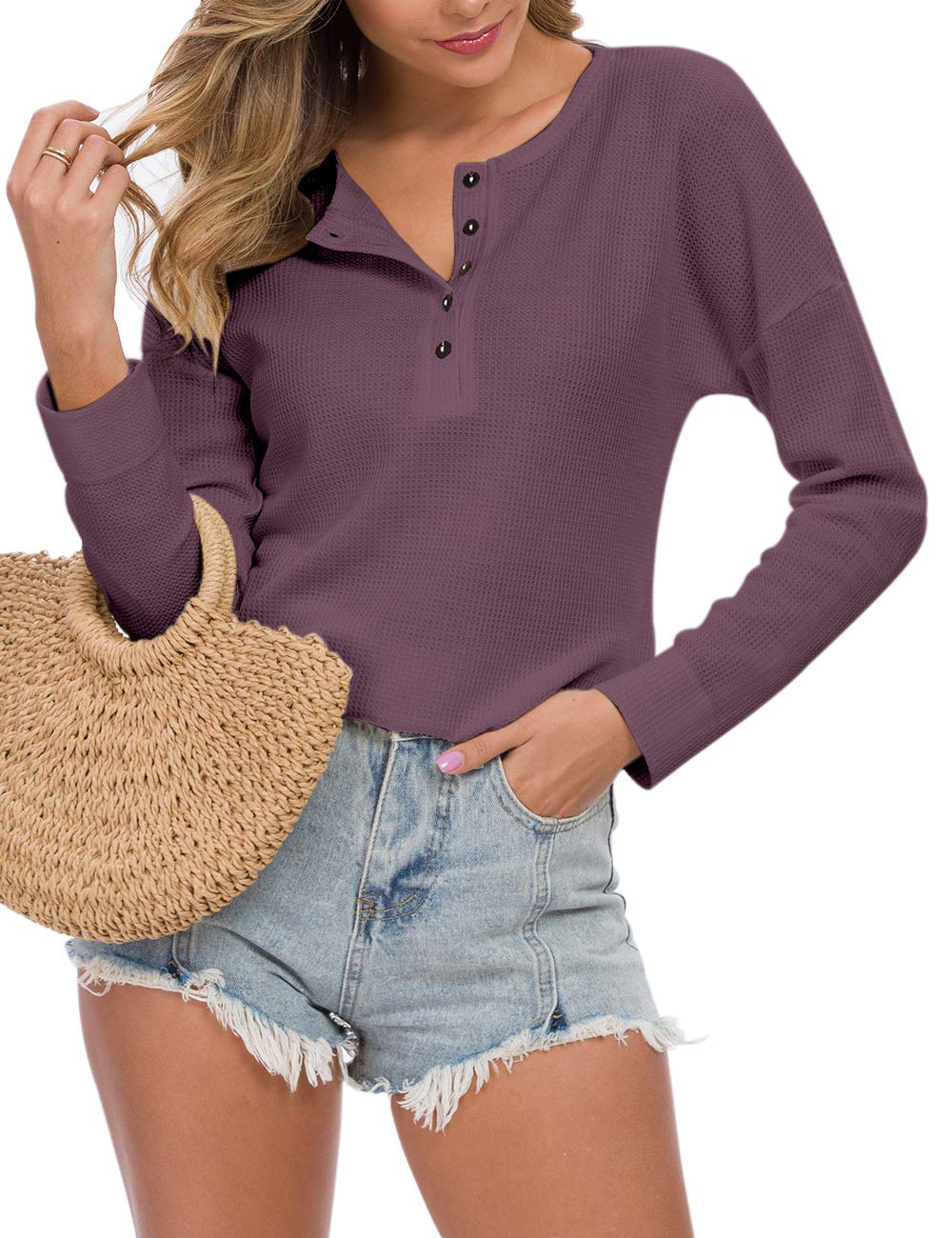 WNEEDU Women's Waffle Knit Tunic Top - Loose Fit Long Sleeve Button Up V-Neck Henley Shirt for Casual Wear, Office & Fall Outfits