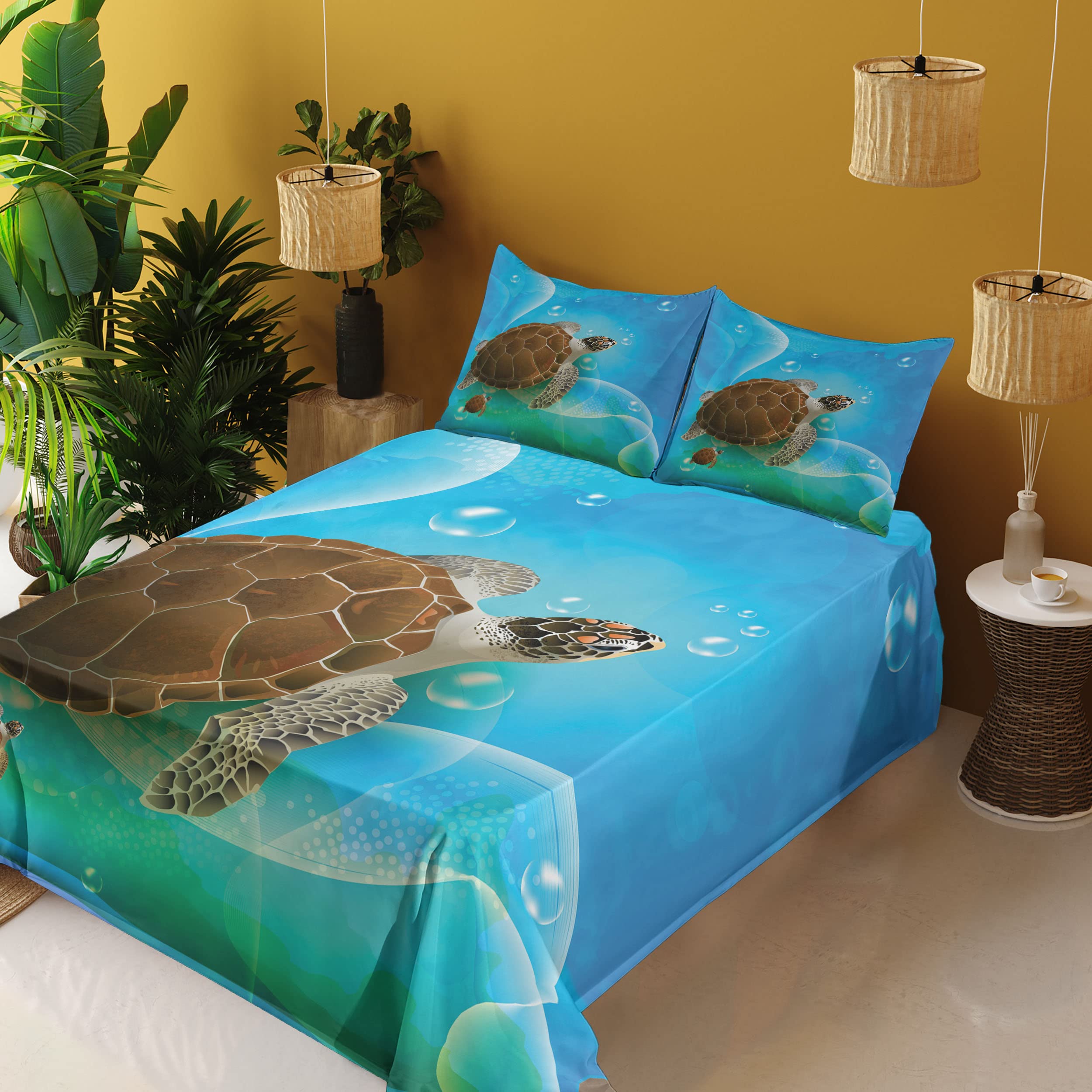 Ambesonne Ocean Themed 4-Piece Sheet Set - Turtle Family Swimming in Underwater World with Bubbles, Cartoon Fun Art Design, Full Size Fitted & Flat Sheet with Pillowcases, Green Blue Brown - Perfect for Kids' Bedrooms, Beach House Decor, or Marine Life Enthusiasts