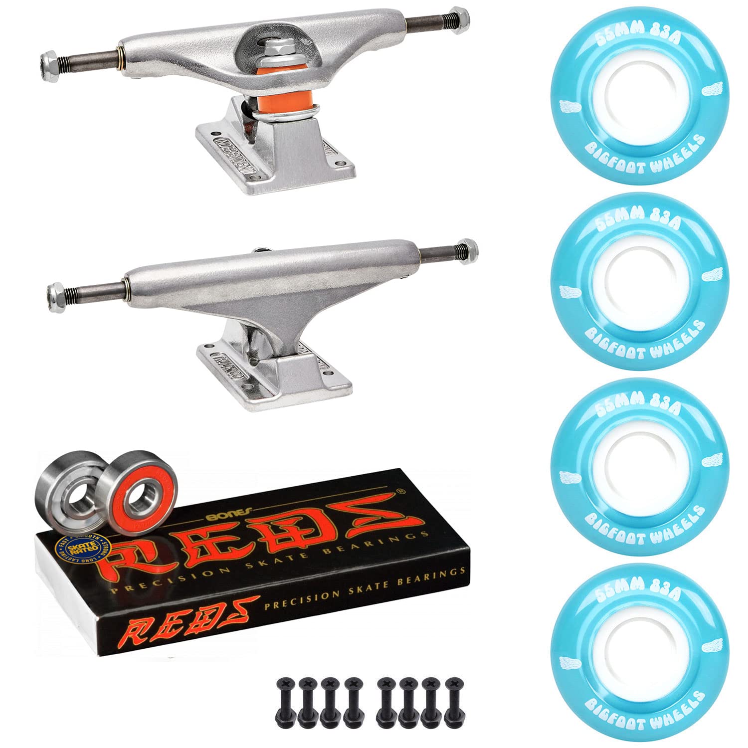Premium Independent Skateboard Trucks Kit with Bigfoot 55mm Soft 83A Wheels, Bones Reds Bearings & 1