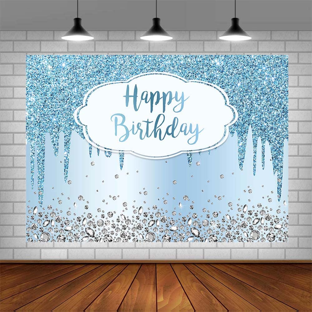 8x6ft Happy Birthday Backdrop - Dripping Glitter Crystal Diamond Blue Photography Background for Girls & Women Birthday Party Decorations | Cake Table Banner, Photo Props | Perfect for Birthday Photos, Baby Showers & Special Events