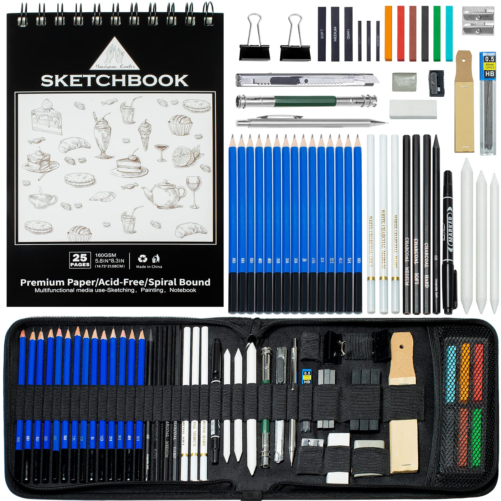 50-Piece Professional Sketching Drawing Pencils Set - Graphite, Charcoal & Sketch Book Art Supplies in Black Zipper Case - Perfect for Adults, Teens & Kids 9-12 - Ideal for Sketching, Shading, Doodling & Art Projects