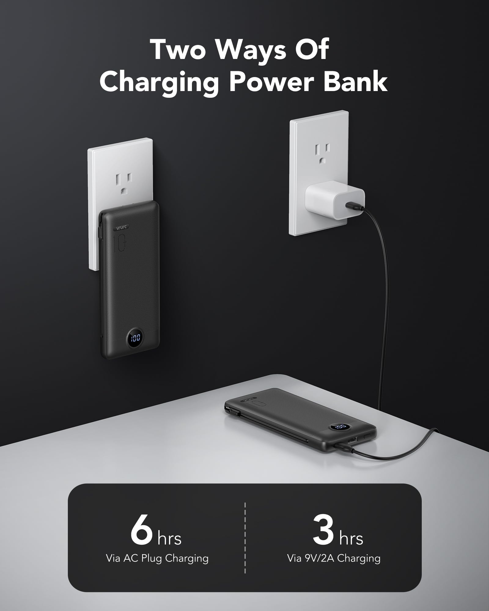 VRURC 10000mAh Slim Power Bank with Built-in Cables & Wall Plug - PD 20W Fast Charging Portable Charger for iPhone, Samsung, Android | USB C Phone Charger | Travel, Camping, Emergency Power Bank (Black, 1 Pack)