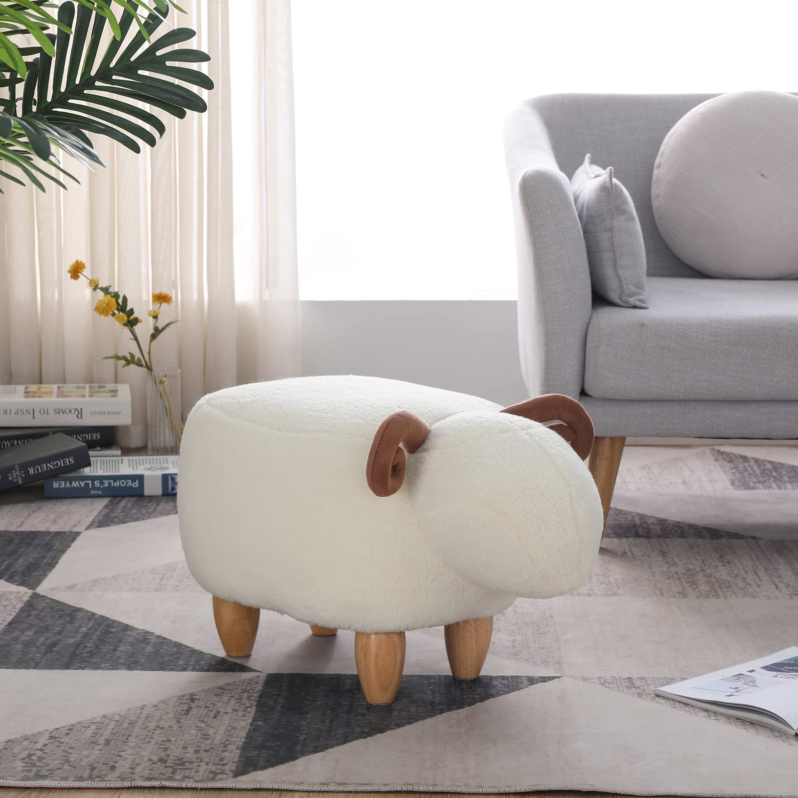 Cute Sheep Upholstered Storage Ottoman - Decorative Animal Footstool for Kids, Wooden Accent Footrest - Perfect for Nursery, Playroom, Living Room & Office Decor