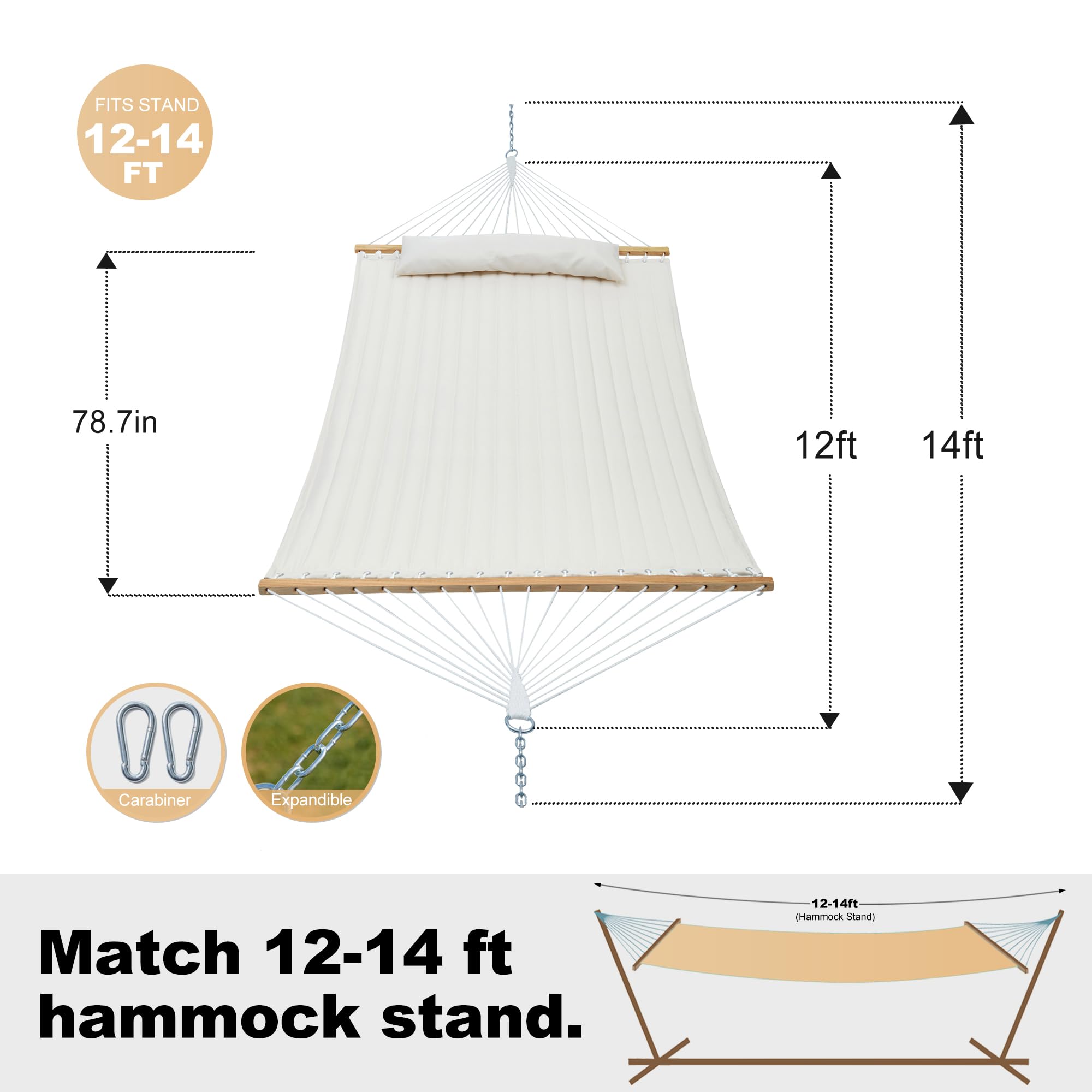 Double Quilted Fabric Hammock with Spreader Bar - 14ft 2-Person Outdoor Hammock for 12-14ft Stands, Includes Removable Pillow & Storage Bag, Heavy Duty Carabiners Supports 475lbs (Beige) - Perfect for Backyard Relaxation, Camping Trips & Beach Lounging