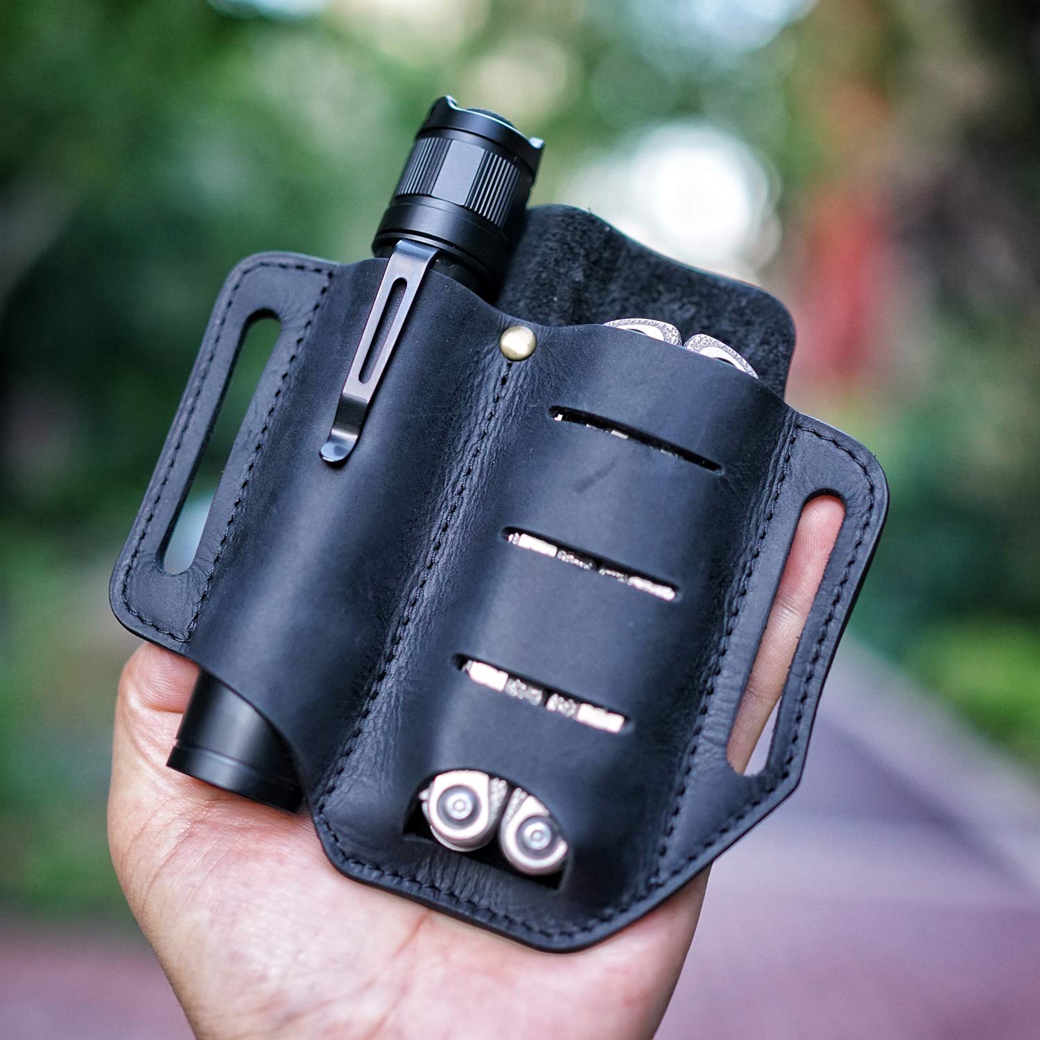 VIPERADE PJ8 Small EDC Leather Sheath for Belt - Handmade 2 Pocket Multitool Organizer - Durable Leather EDC Pouch for Men - Perfect for Camping, Hiking & Everyday Carry