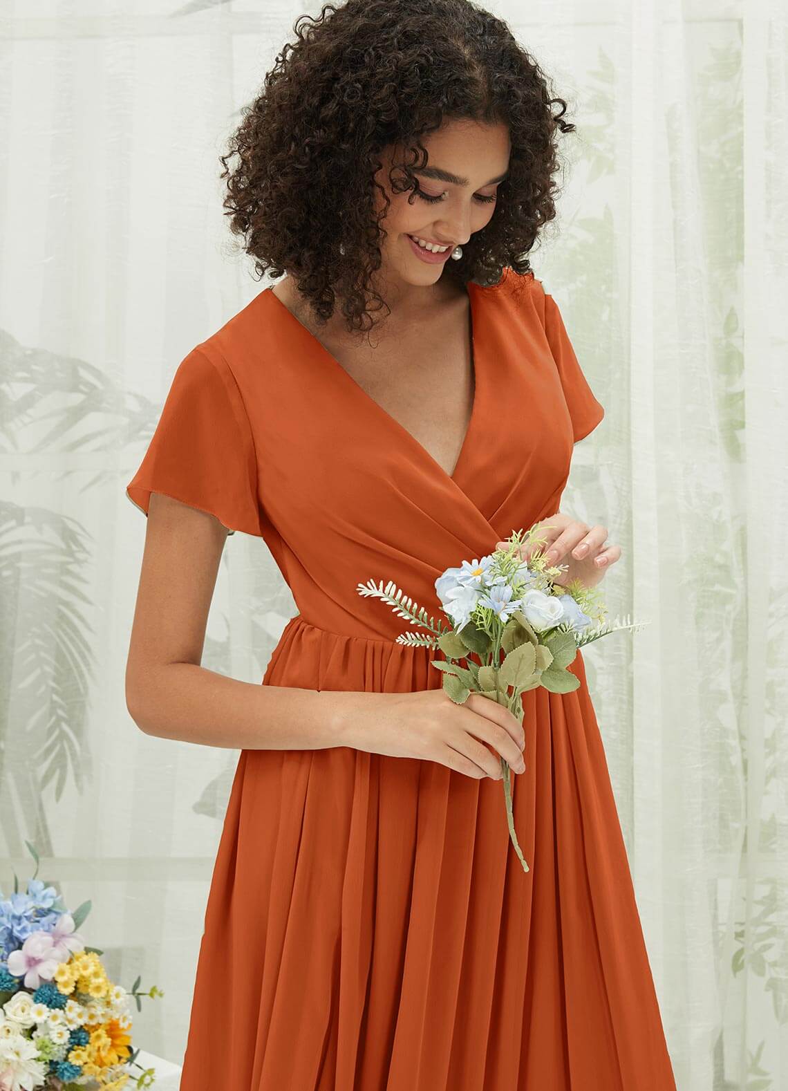 Elegant Burnt Orange Chiffon Short Sleeve V-Neck Wrap Pleated Bridesmaid Dress for Wedding Party, Formal Occasions and Special Events