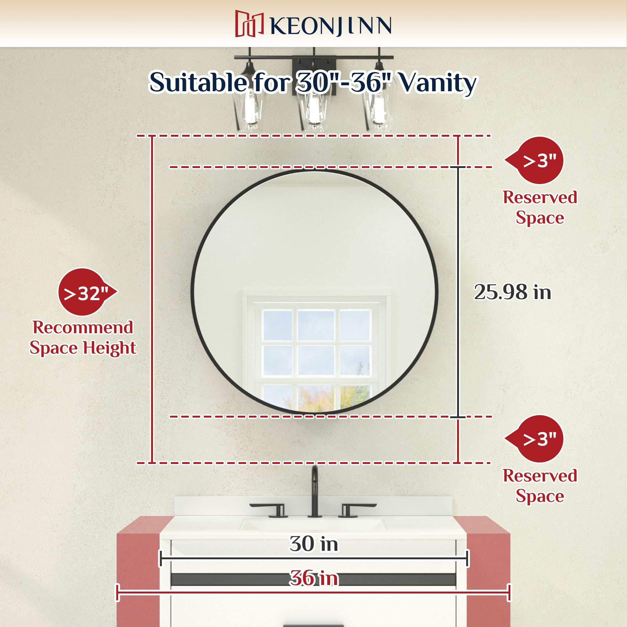 Keonjinn 26 Inch Round Black Medicine Cabinet with Mirror - Surface Mount Metal Frame Bathroom Storage - Farmhouse Style Wall Mounted Vanity Mirror with Detachable Shelves for Bathroom, Bedroom & Entryway Organization