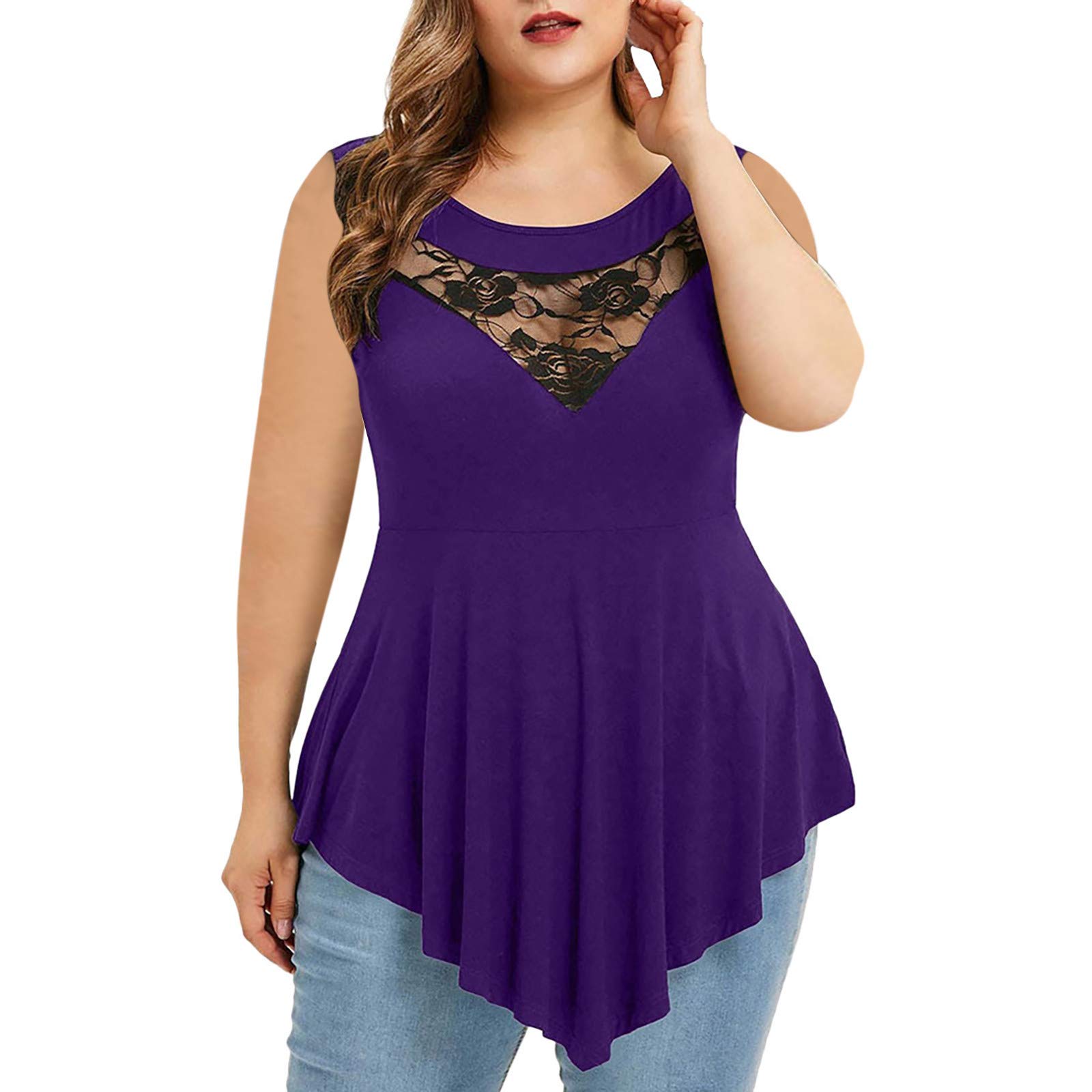 Rephypport Plus Size Women's Casual Floral Lace Asymmetrical Sleeveless Blouse - Breathable Summer Tops for Office Wear & Date Night Outfits
