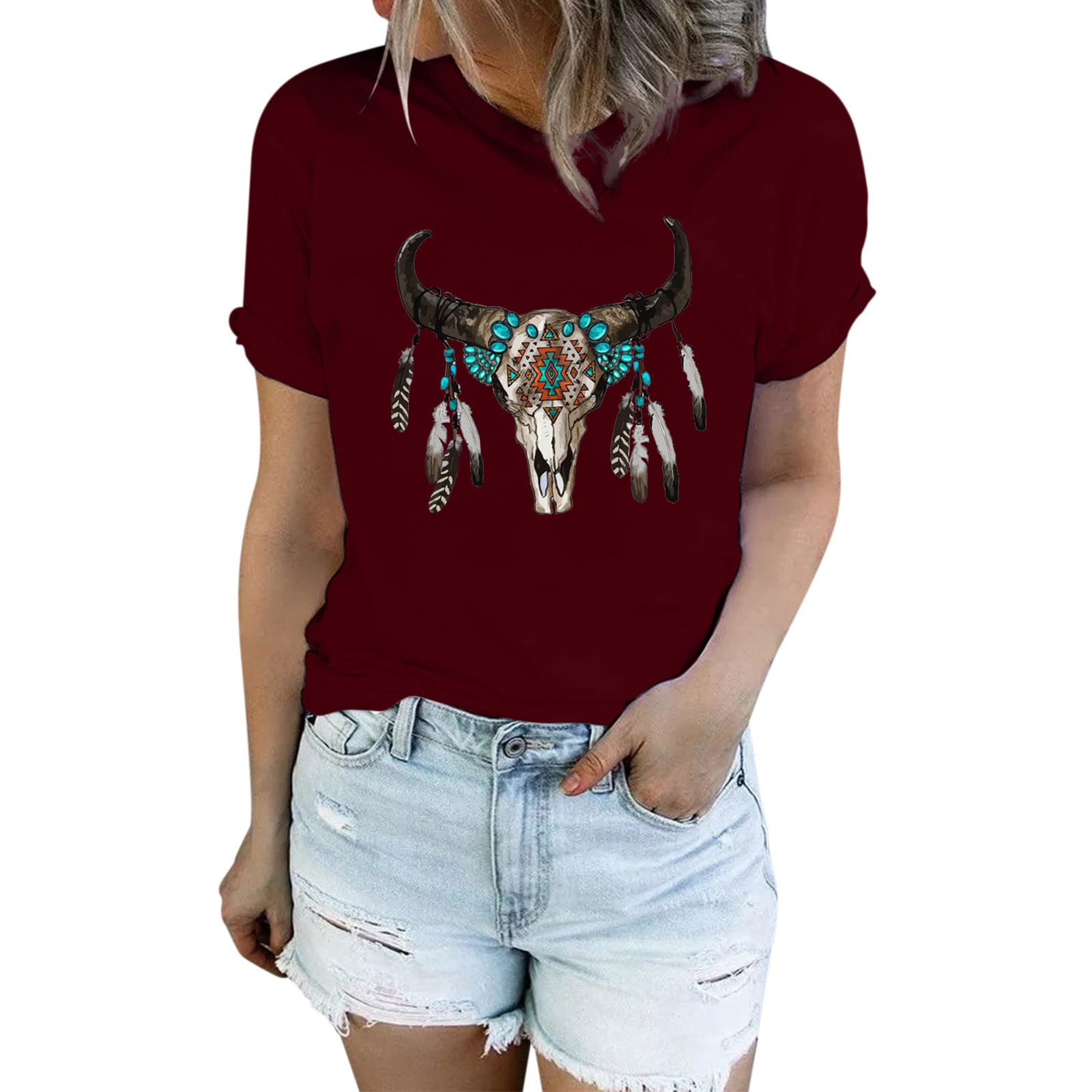 **Cow Skull Graphic T-Shirt for Women - Western Aztec Feather Print Short Sleeve Tee | Summer Casual Top for Music Festivals, Rodeo & Boho Outfits**