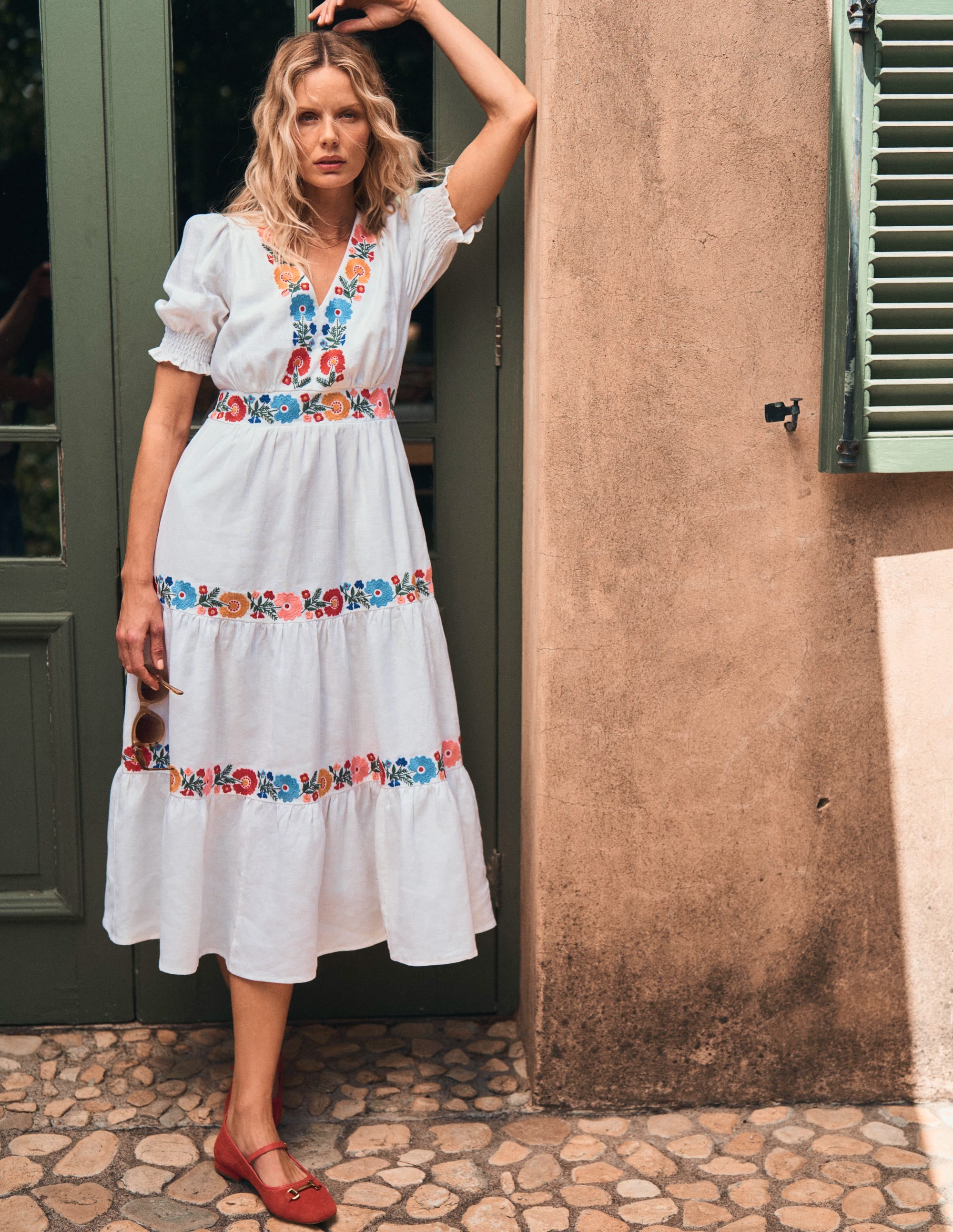 Anna Linen Tiered Midi Dress - White with Multi-Color Embroidery | Summer Casual Wear, Beach Cover Up, Boho Chic Outfit