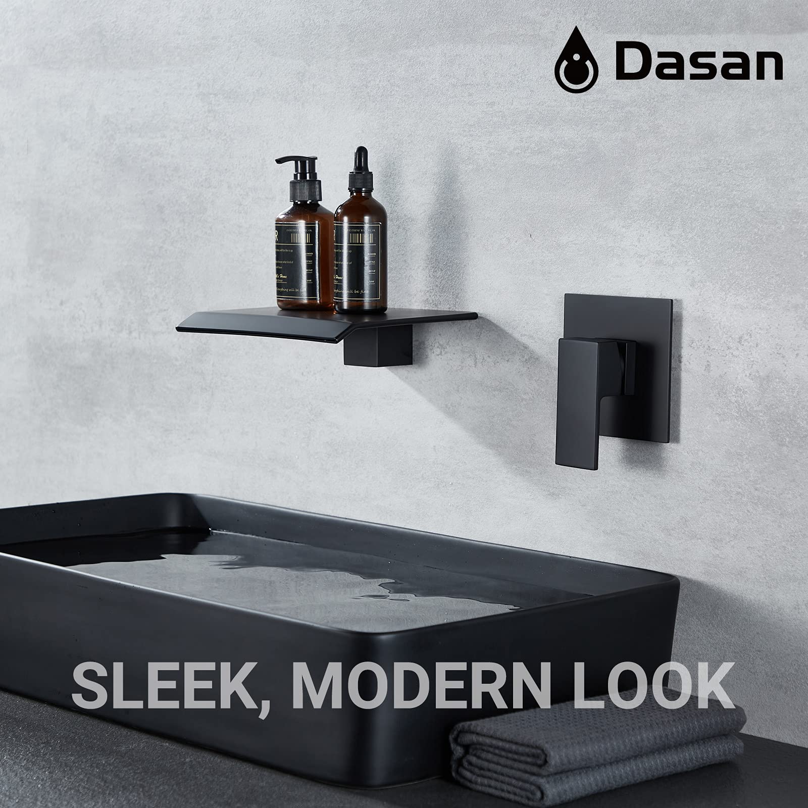 Modern Matte Black Wall Mount Waterfall Bathroom Faucet - Single Handle Wall Mounted Sink Faucet with Upgraded Rough-in Valve | Perfect for Contemporary Bathrooms, Powder Rooms & Spa-Like Showers