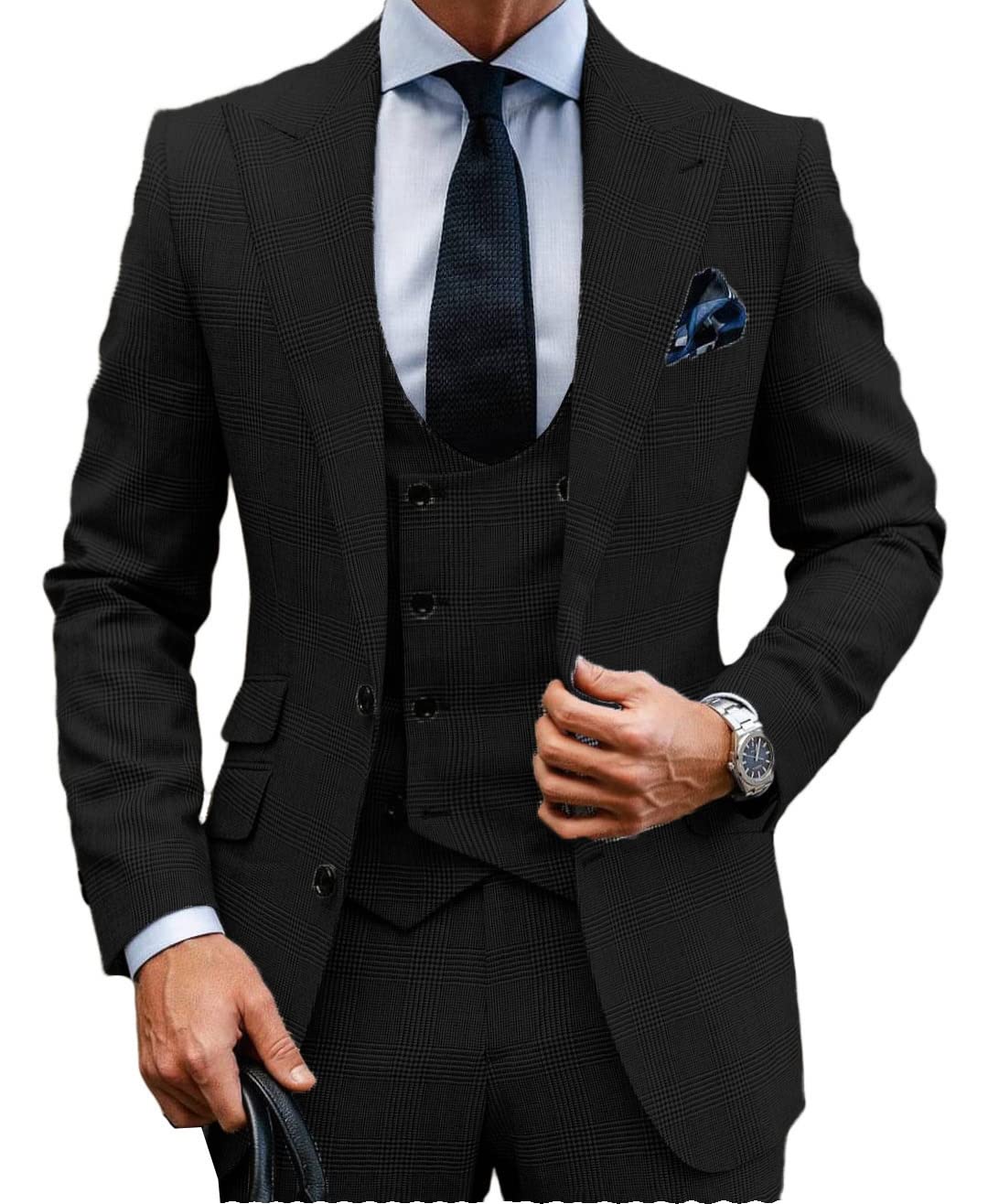 MoranX Men's 3-Piece Wool Plaid Suit - Double Breasted Business Blazer, Vest & Pants Set for Wedding, Office & Formal Events | Regular Fit Tuxedo