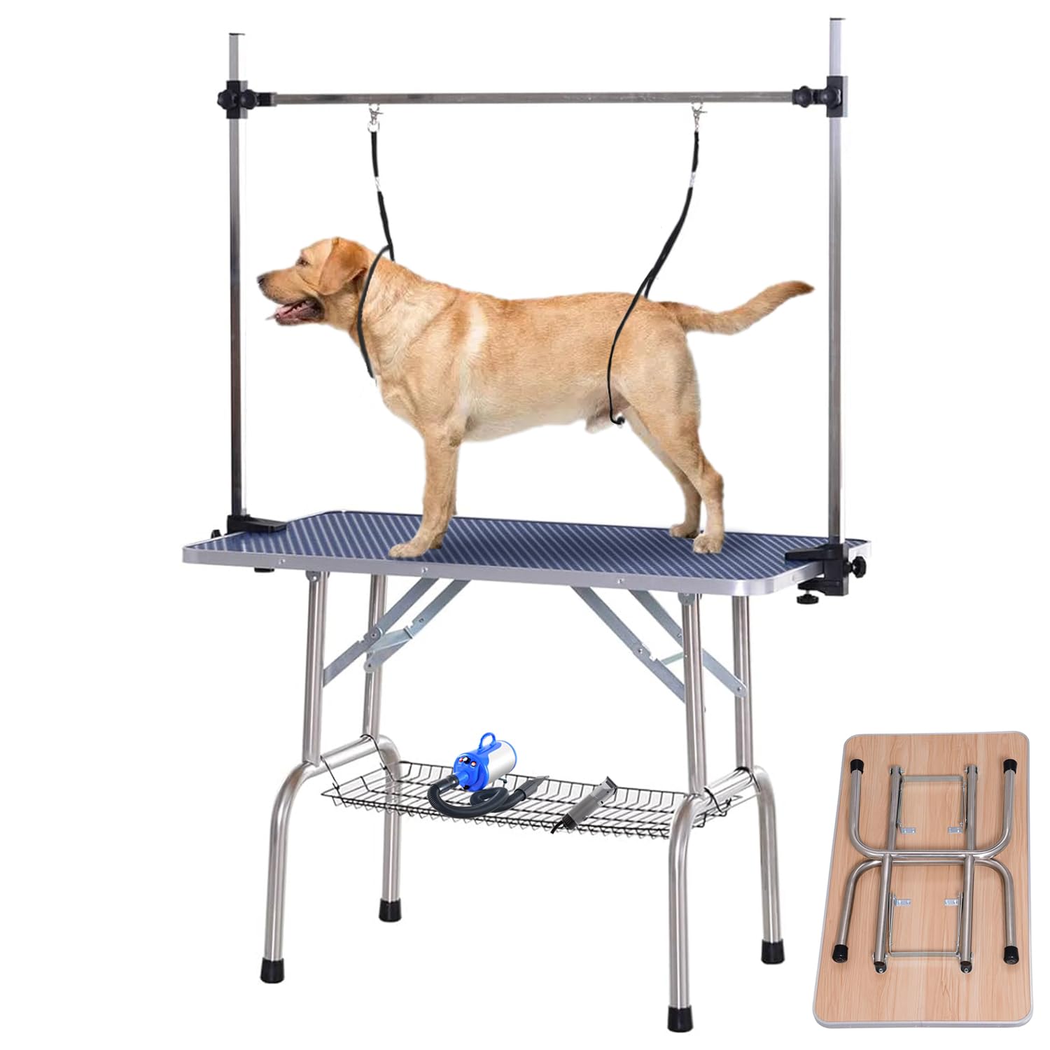 Professional Adjustable Large Dog & Cat Grooming Table - Foldable Pet Trimming Station with Arms, Nooses & Mesh Tray - 36