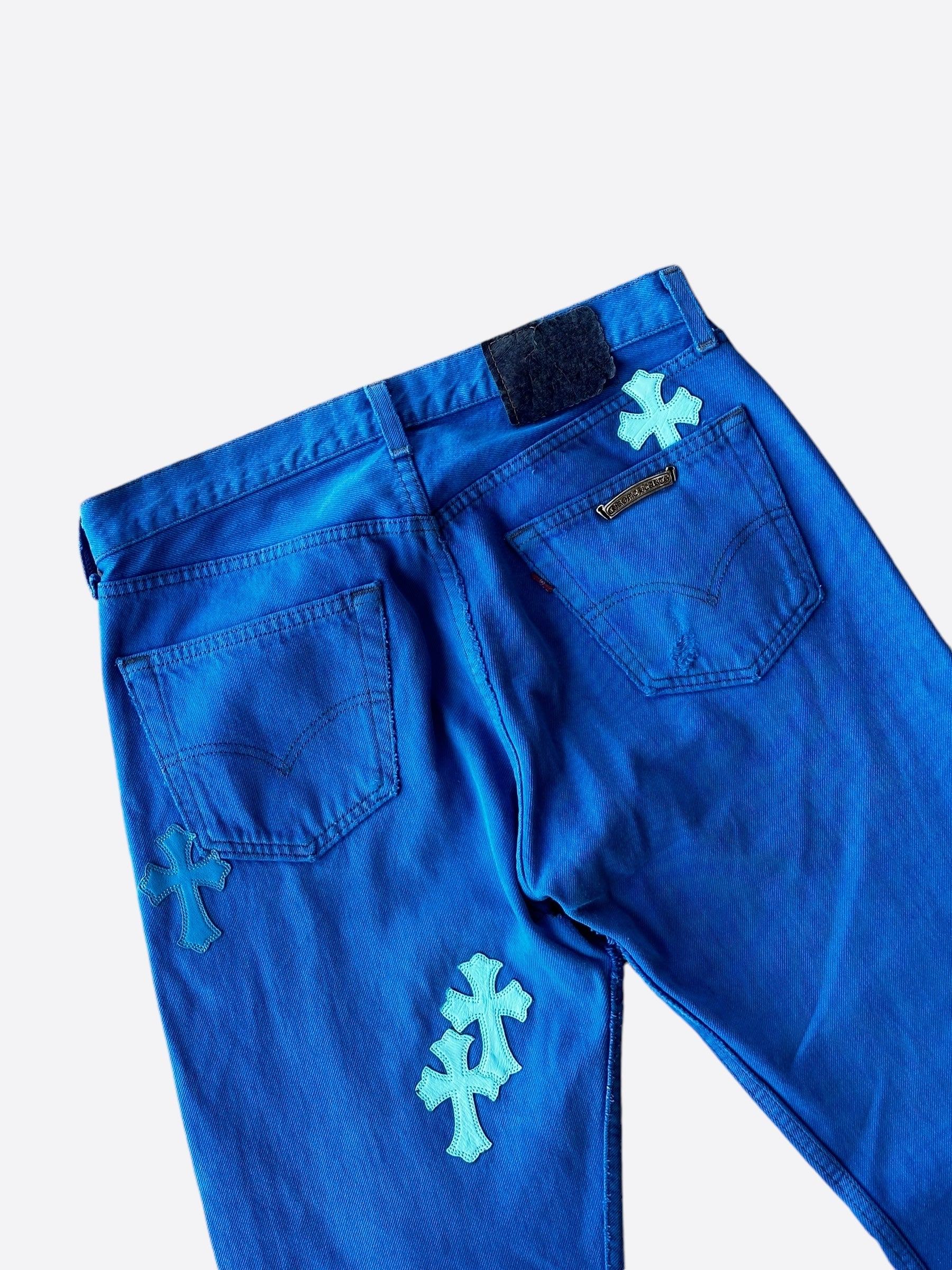 Chrome Hearts x Levi's Blue Dyed Cross Patch Jeans for Men - Stylish Distressed Denim Pants for Casual Wear & Street Fashion