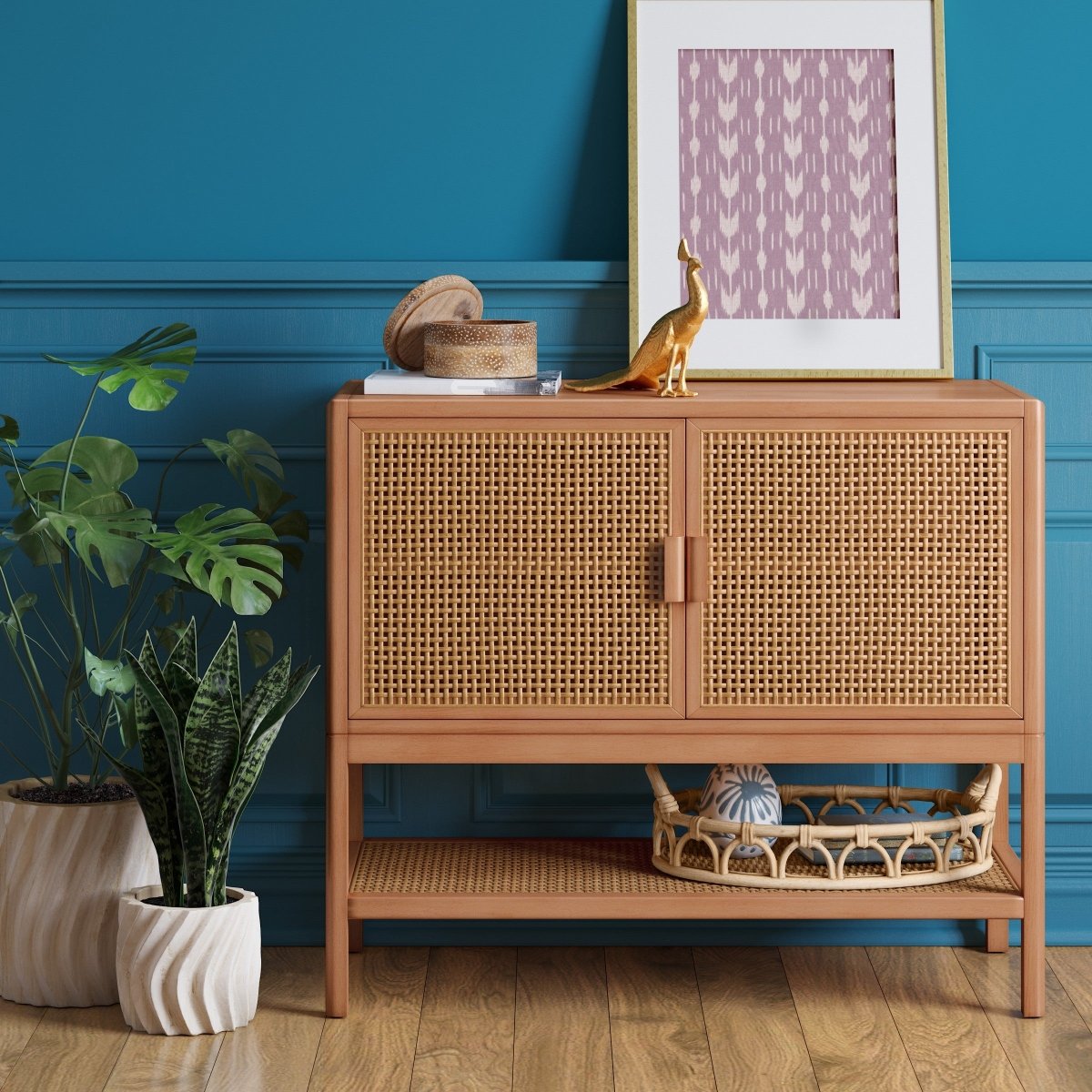 Handmade Wooden Designer Cane Cabinet - Stylish Storage for Living Room, Bedroom & Entryway | Rustic Home Decor Organizer with Woven Front