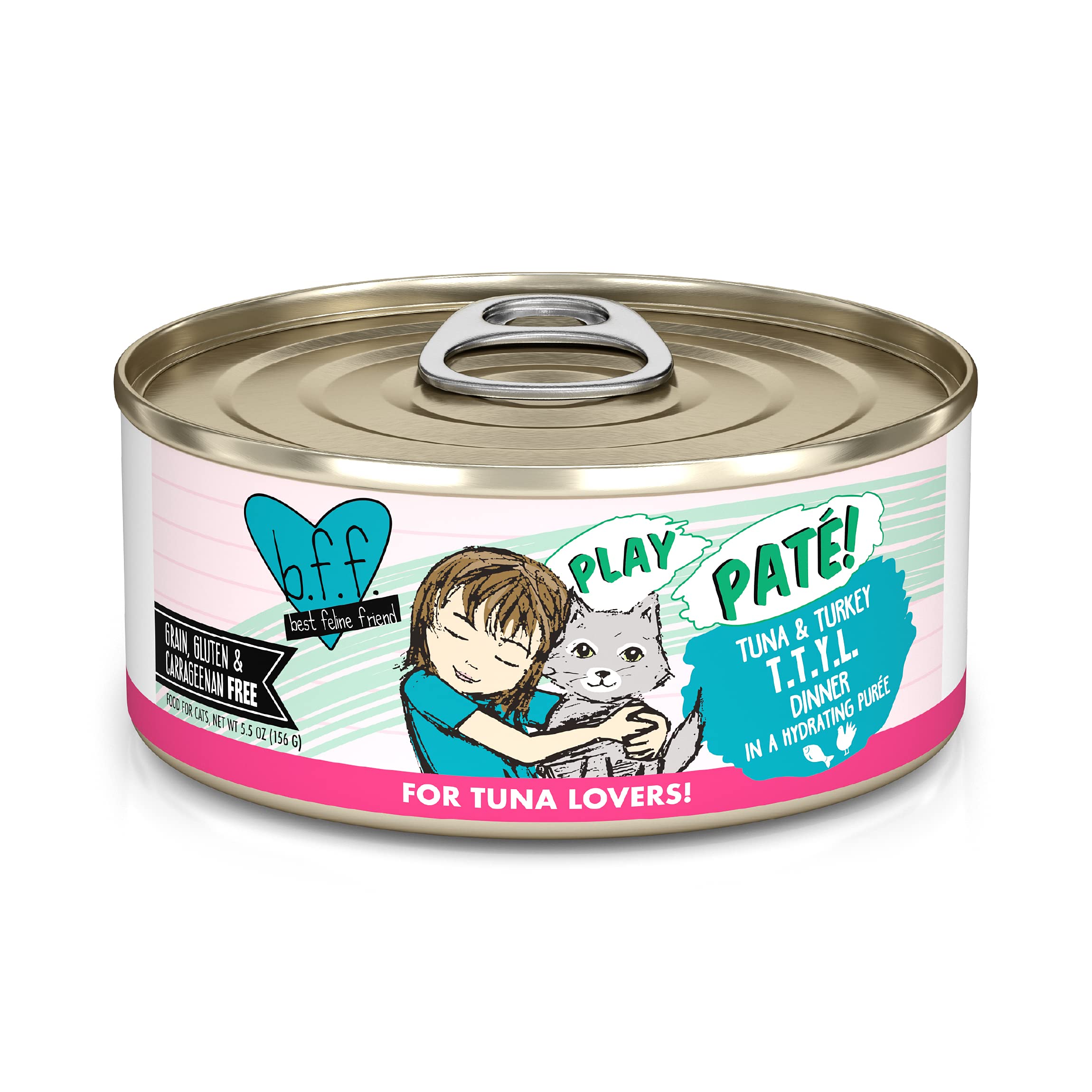 Weruva B.F.F. Play Best Feline Friend Pate Cat Food - Tuna & Turkey Recipe, 5.5oz Can (Pack of 8) - Grain-Free Wet Cat Food for Adult Cats - Perfect for Mealtime, Travel & Treats