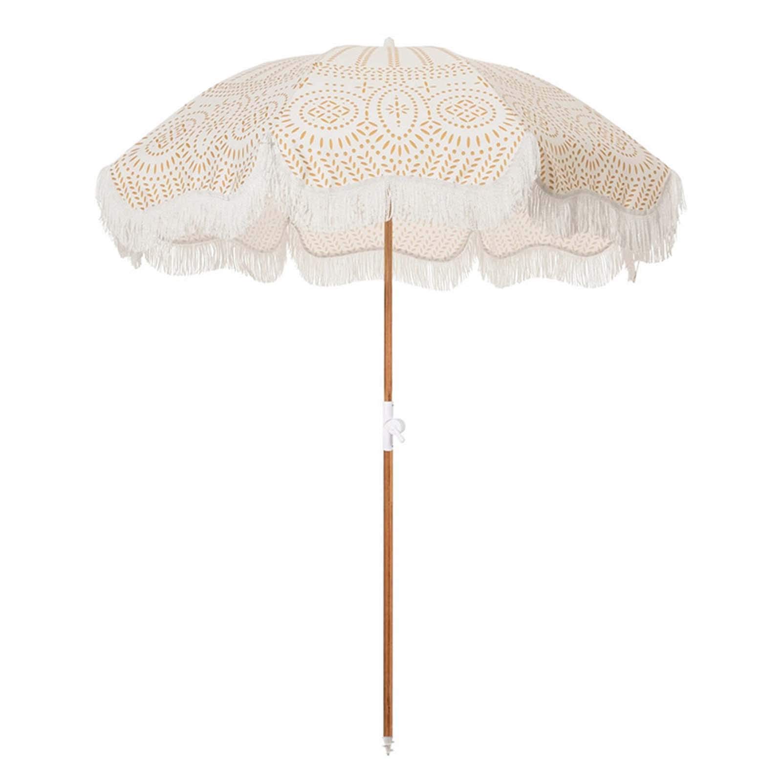6.5 Ft Outdoor Patio Umbrella - UV Resistant Market Umbrella with 8 Sturdy Ribs & Tassels - Beige Garden Parasol for Deck, Lawn, and Backyard Relaxation