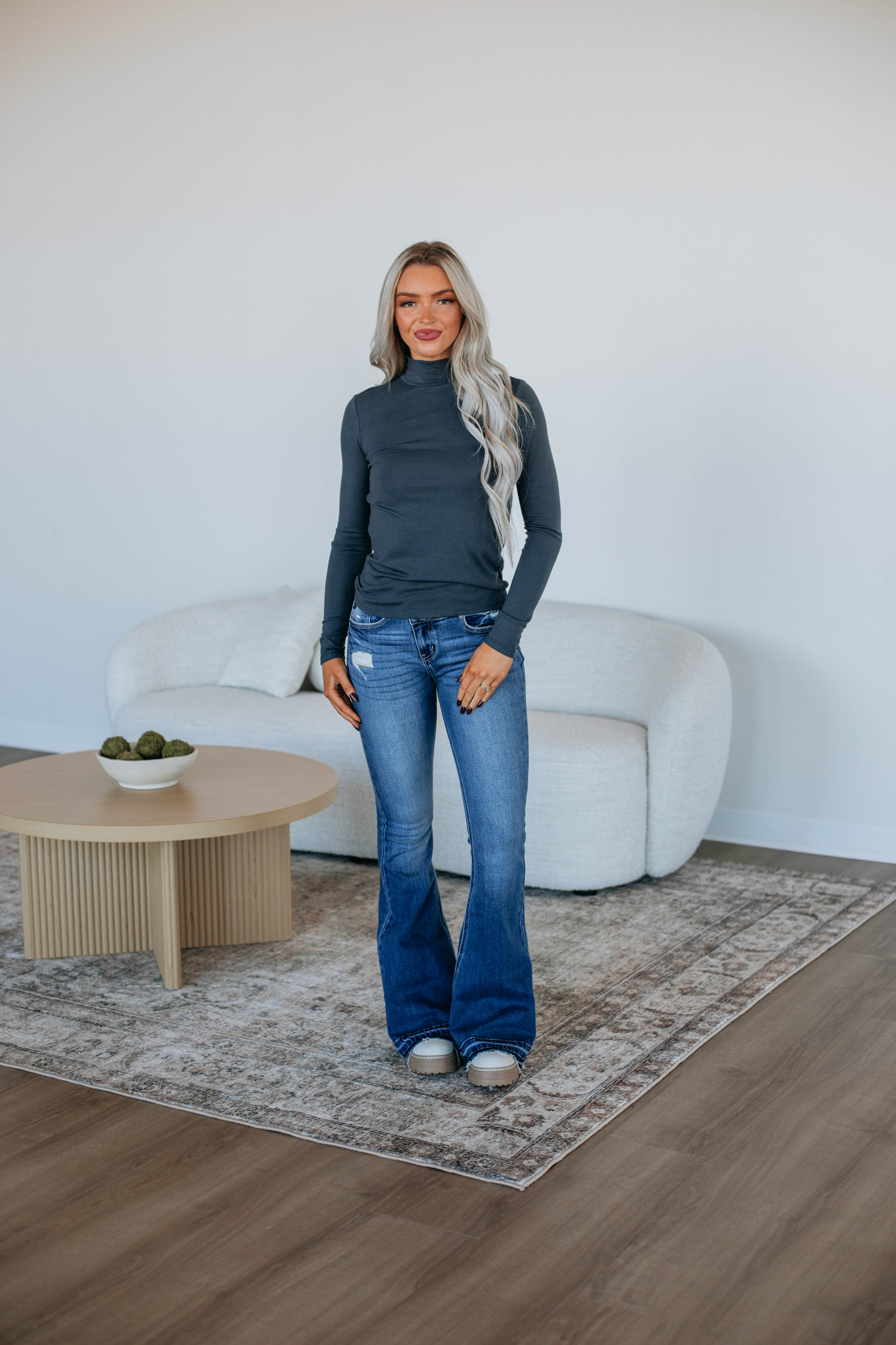 Evelina Mock Neck Long Sleeve Tops for Women - Midnight Blue Casual Blouse for Work & Date Night | Office Wear & Evening Outfits