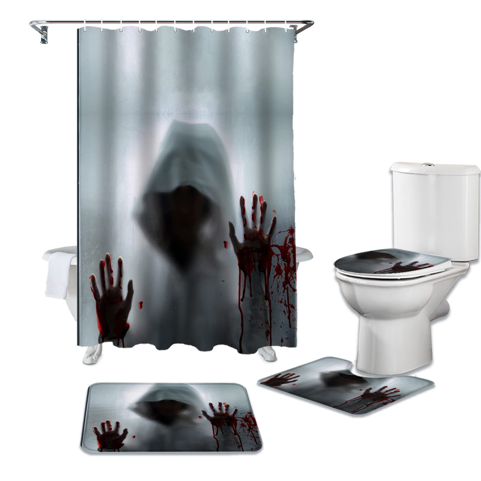 3D Printed Horror Shower Curtain with Bloody Fingerprint Design - Complete Bathroom Set Including Rug, Toilet Cover & Floor Mats - Perfect for Halloween Decor and Themed Bathrooms