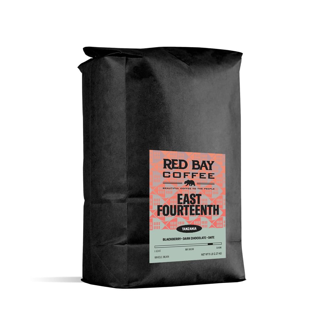 Premium Tanzanian Dark Roast Whole Bean Coffee - Single Origin Specialty Coffee from Red Bay Coffee - Fresh East Fourteenth Blend - 5 LB Resealable Bag for Home Brewing, Office Use & Gifts