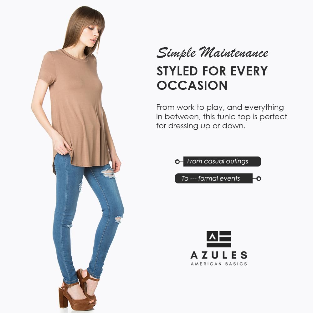 Azules Women's Short Sleeve Tunic Tops - Flowy Scoop Neck Blouse for Leggings | Casual Summer Outfits & Dressy Office Wear