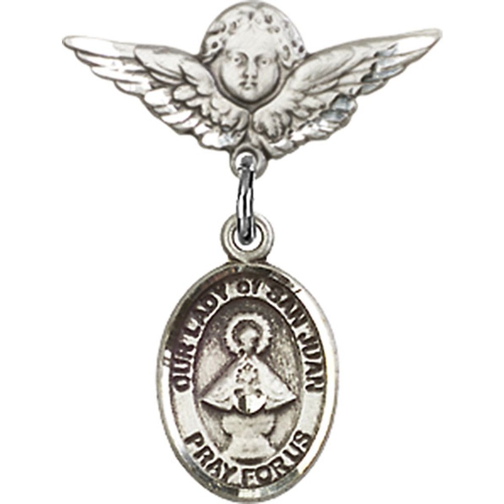 925 Sterling Silver Baby Badge with Our Lady of San Juan Charm & Angel Wing Pin - 7/8