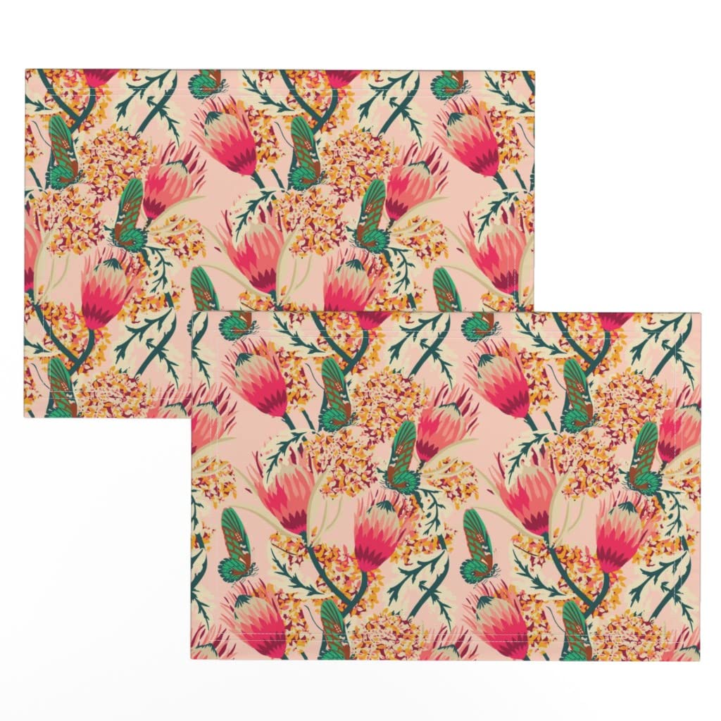 Linen Cotton Canvas Placemats Set of 2 - Pink Butterfly Floral French Print Table Mats for Dining Room Decor, Kitchen Table Setting, Garden Party & Home Decor