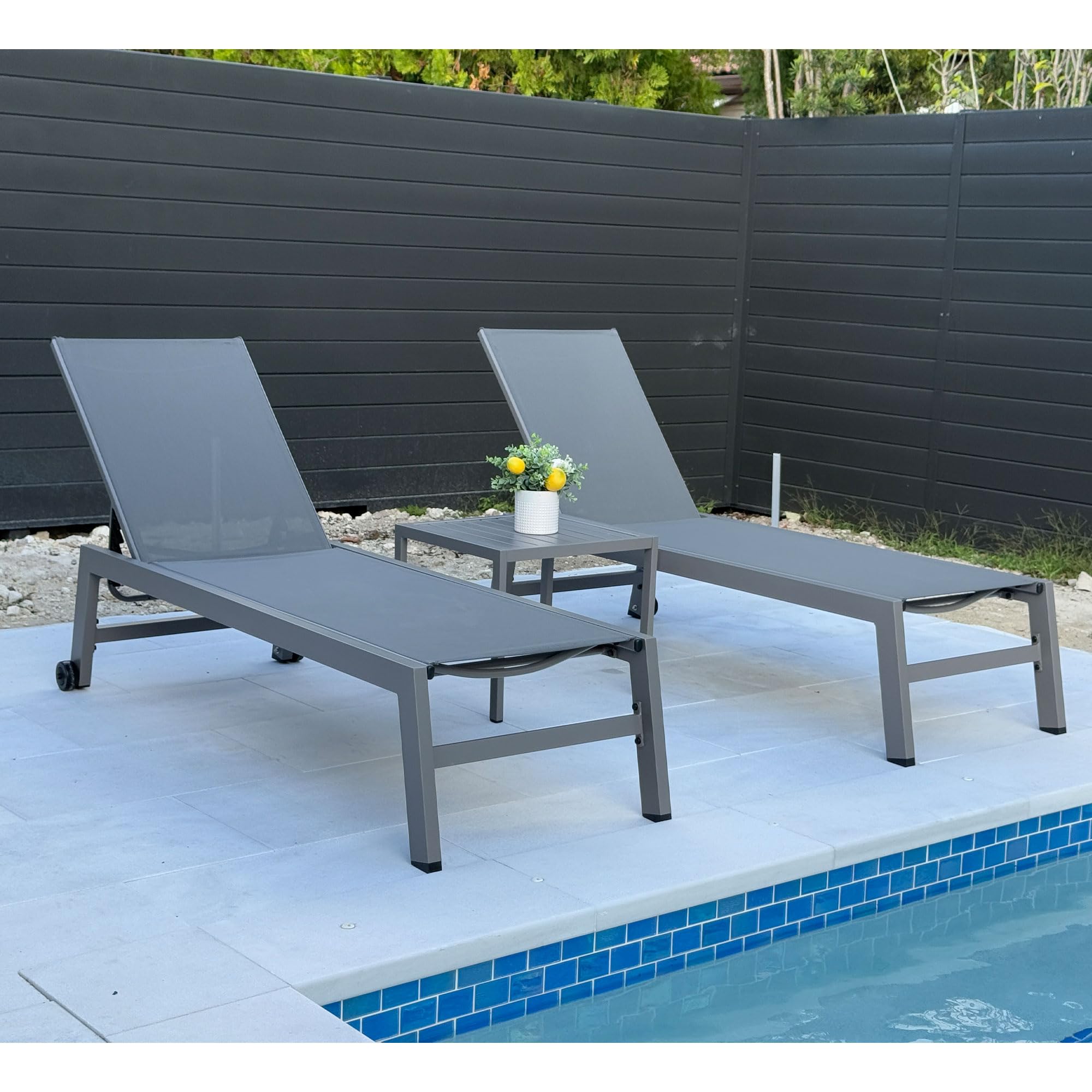 Premium 2-Piece Outdoor Lounge Chair Set with Adjustable Backrest & Wheels - Aluminum Patio Chaise Loungers for Poolside, Beach & Backyard Relaxation (Grey) - Includes Side Table for Ultimate Comfort