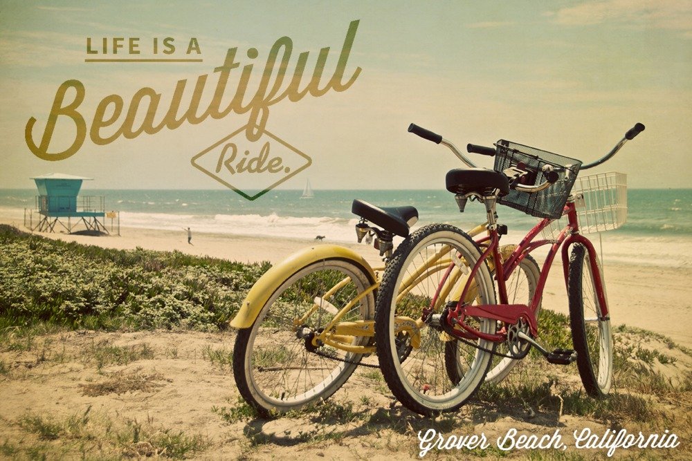 Grover Beach California Metal Wall Art - 'Life is a Beautiful Ride' Beach Cruiser Bike Decor (16x24 Inch Gallery Quality Aluminum Sign) - Perfect for Coastal Home Decor, Beach House, Surf Shop & Biker Cafe