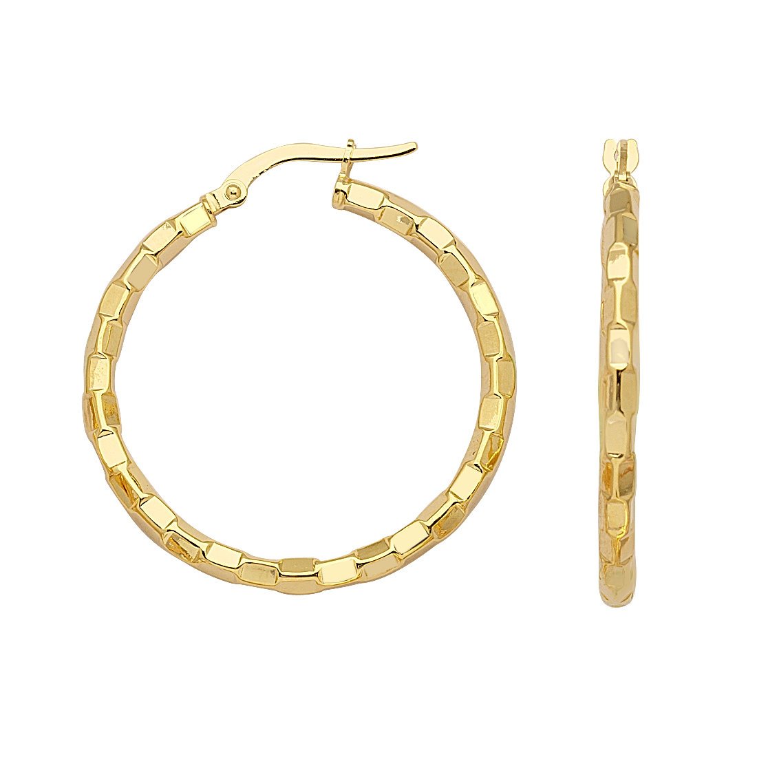 14K Yellow Gold Euro Hoop Earrings with Omega Clip & Brick Design - Elegant Post Earrings for Women, Perfect for Weddings, Parties & Everyday Wear