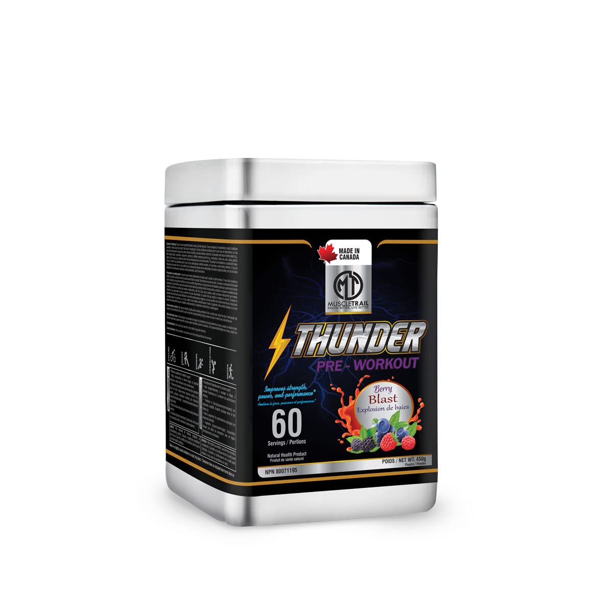 MUSCLETRAIL Thunder All-in-One Pre Workout Supplement - Amino Energy & Weight Management with Essential Amino Acids - Boost Performance for Men & Women - Berry Blast Flavor - Perfect for Gym, Fitness & Bodybuilding Training