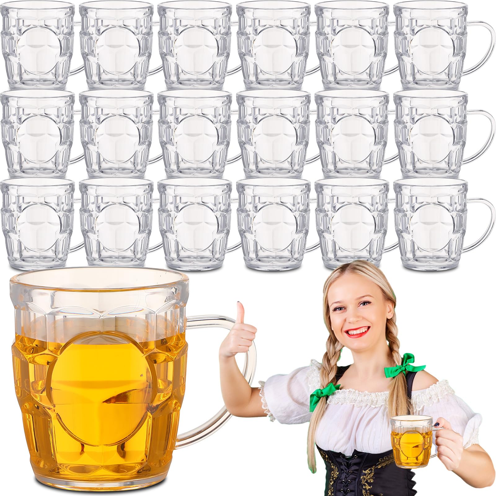 20 Pcs 8 oz Clear Plastic Beer Mugs with Handles - Reusable Dimpled Steins for Oktoberfest, Party, BBQ & Picnic - Durable Mini Beer Glasses for Outdoor Events & Home Decor