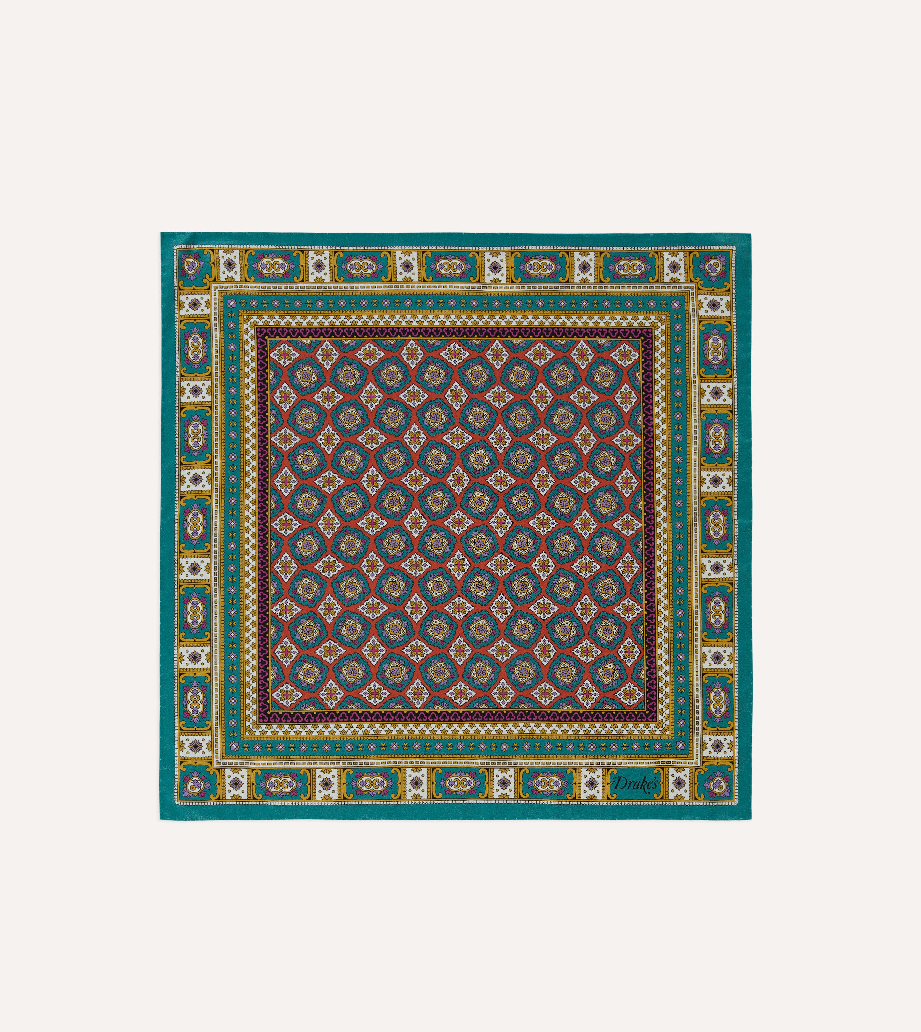 Elegant Green, Red & Gold Floral Medallion Print Silk Pocket Square for Men - Perfect for Weddings, Business & Formal Events