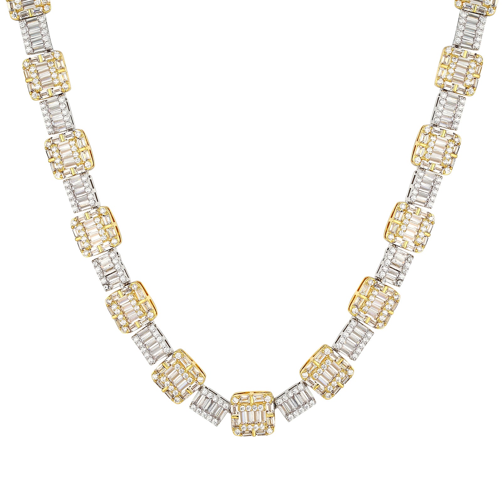 14K Two-Tone Gold Square Baguette Link Designer Chain - Elegant Necklace for Women, Perfect for Everyday Wear, Date Nights & Special Occasions