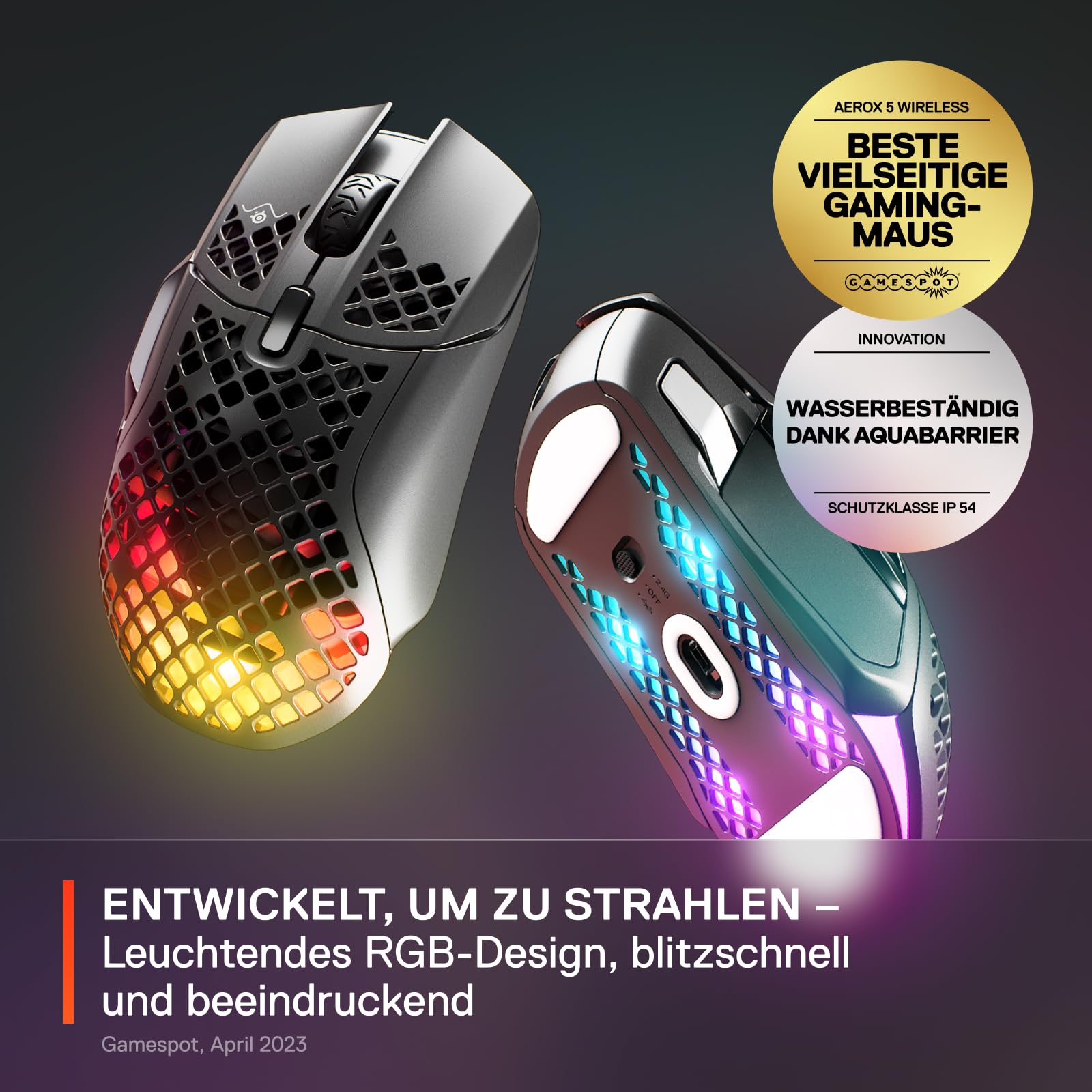SteelSeries Aerox 5 Wireless RGB Gaming Mouse - Ultra-Lightweight Honeycomb Design with Water-Resistant Coating - 9 Programmable Buttons - Bluetooth & 2.4GHz Wireless - 18,000 DPI TrueMove Air Optical Sensor - Perfect for FPS, MOBA, and Esports Gaming