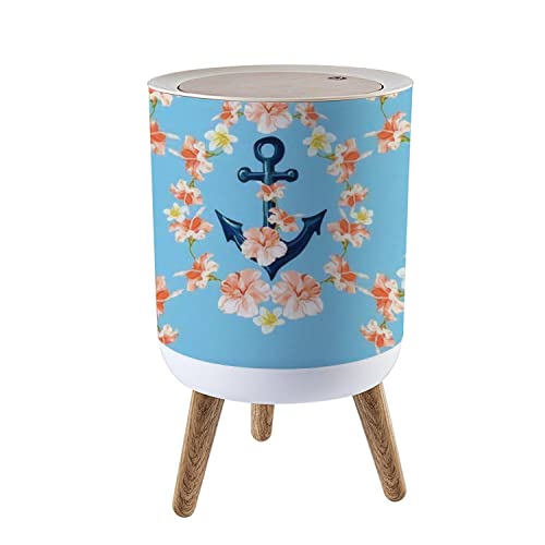 Small Round Trash Can with Lid - 1.8 Gallon Seamless Tropical Anchor & Hibiscus Design - Dog Proof Waste Bin for Kitchen, Bathroom, Living Room | Perfect for Home, Office & Dorm Organization