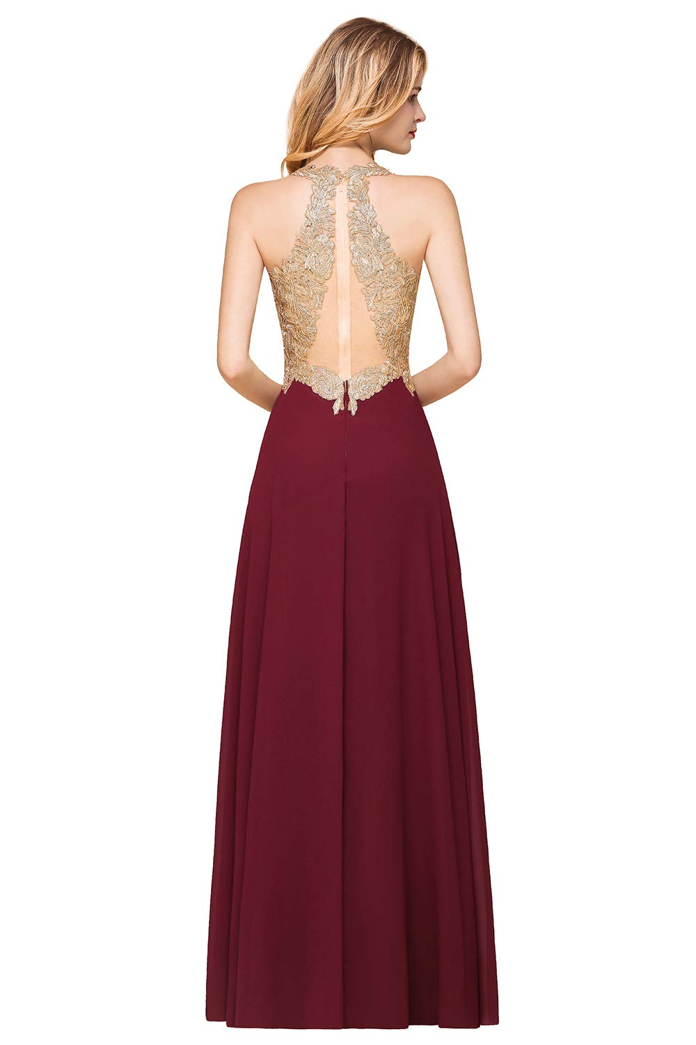 Elegant Golden Floral Lace Chiffon Bridesmaid Dress for Women - Formal Guest Dress for Weddings, Parties & Special Occasions