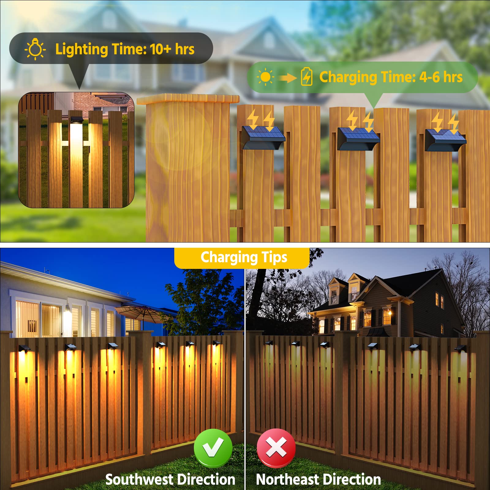NIORSUN 10 Pack Solar Fence Lights - 1500mAh Bigger & Brighter Outdoor Lighting with Warm White/Cool White/RGB Modes - Waterproof Solar Powered Garden Lights for Deck, Stairs, Patio, Wall, Backyard (Black) | Perfect for Evening Gatherings & Landscape Illumination