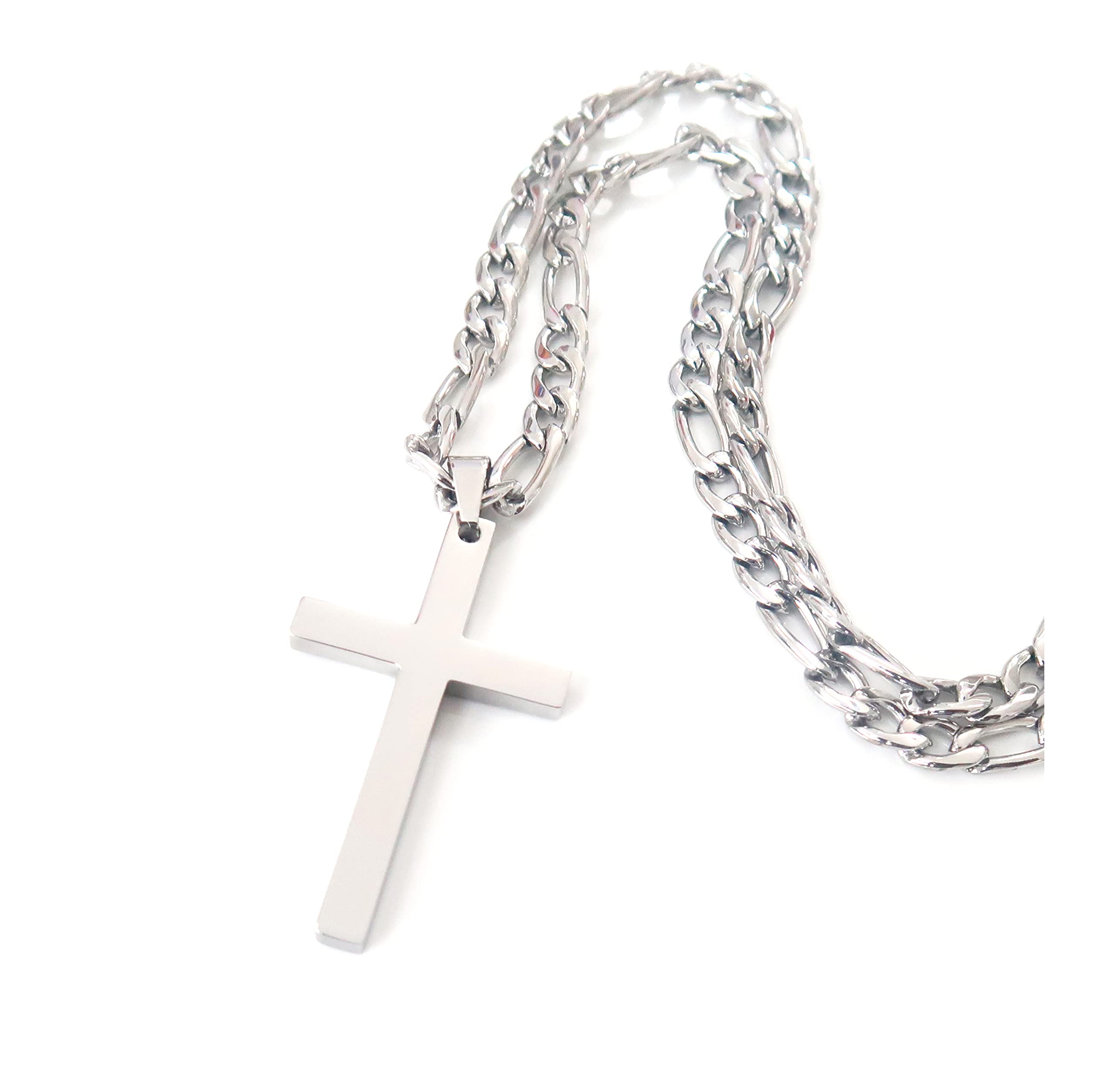 14K Gold Plated Sterling Silver Traditional Cross Pendant with 5mm Italian Figaro Chain Necklace for Men, Women & Teens - Religious Jewelry Gift for Baptism, Confirmation & Everyday Wear (18-24 Inch Adjustable)