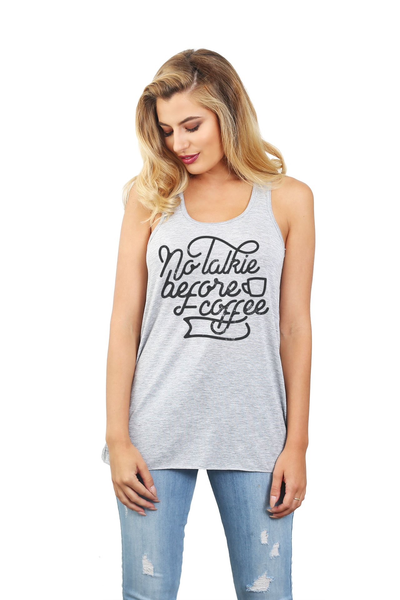 No Talkie Before Coffee Women's Sleeveless Flowy Racerback Tank Top - Breathable Summer Casual Top for Yoga, Beach & Everyday Wear
