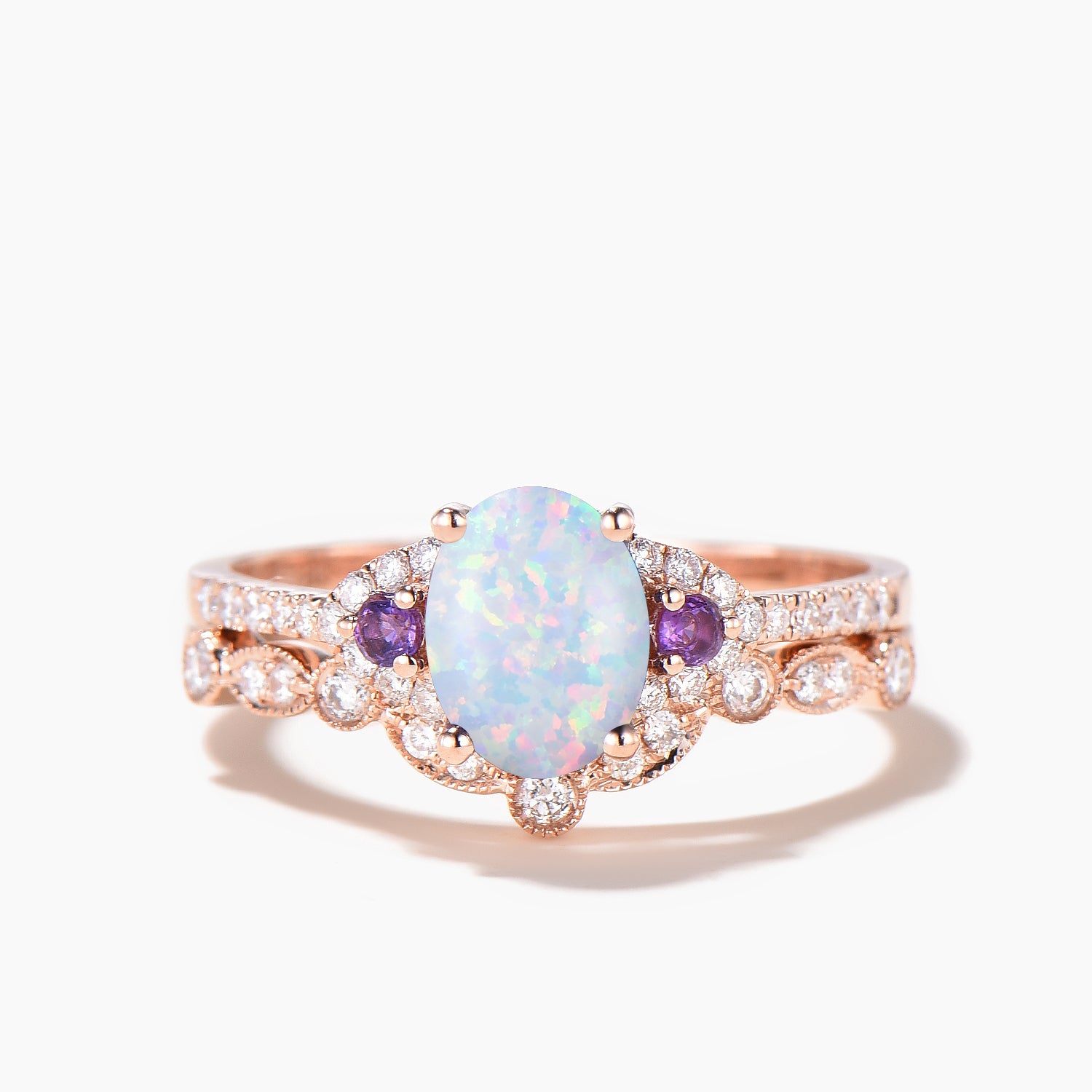 Oval Cut Opal & Amethyst Cluster Engagement Ring - Half Eternity Diamond Wedding Band Set for Brides | Perfect for Proposals, Anniversaries & Romantic Occasions