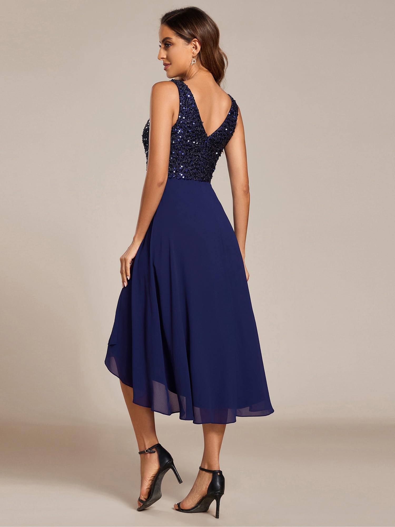 Ever-Pretty Women's Elegant Chiffon V-Neck Sleeveless Sequin High-Low Cocktail Dress | Midi Wedding Guest Dress 02184 | Perfect for Evening Parties, Bridal Showers & Formal Events