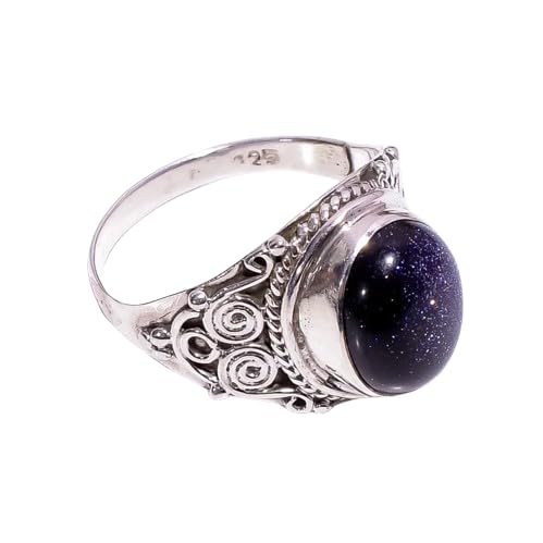 Blue Sandstone Ring for Women - 925 Sterling Silver Plated Oval Boho Jewelry with Sun Sitara Design | Handmade Bright Blue Sunstone Ring for Party Wear & Everyday Elegance | Perfect Gift for Birthdays, Anniversaries & Special Occasions