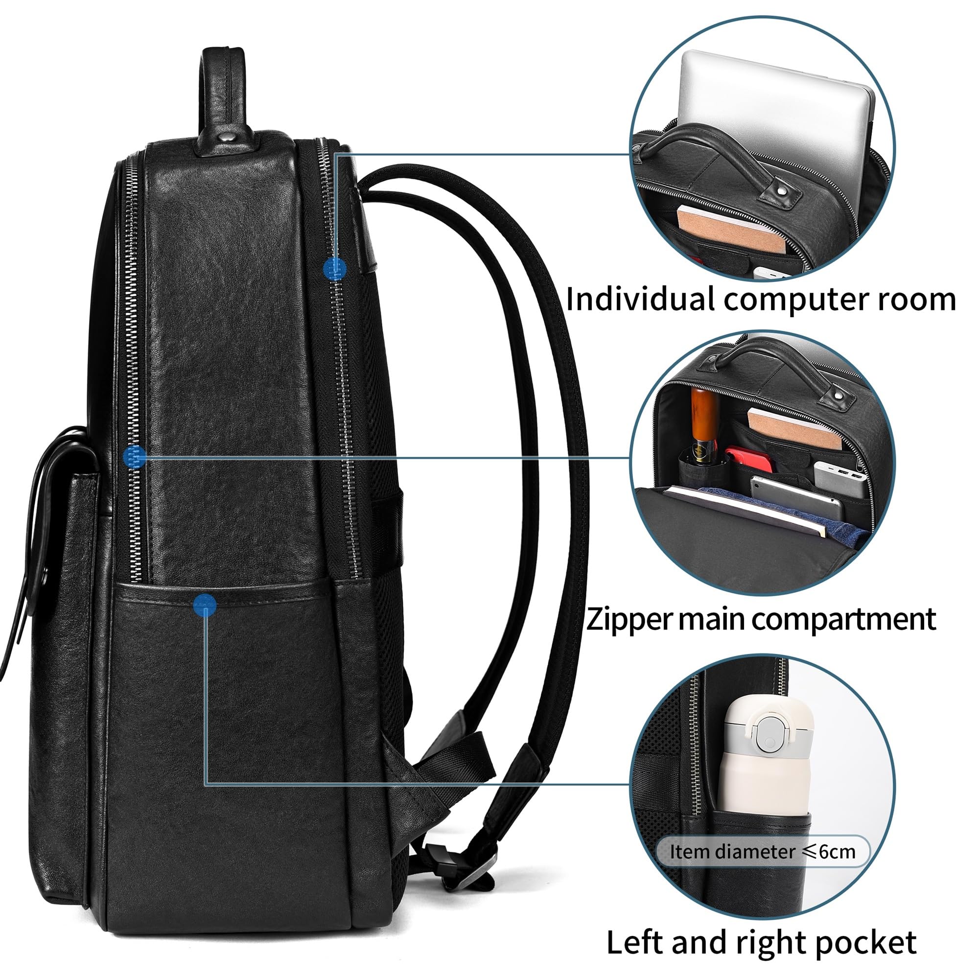 Premium Genuine Leather Backpack for Men - 15.6 Inch Laptop Compartment Business Travel Backpack - 23L Slim Black Luxury Backpack for Work, Office & College Use