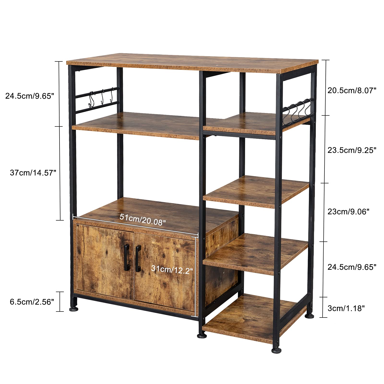 4-Tier Microwave Storage Rack - Metal Kitchen Organizer with 8 Hooks & Wine Storage - Space-Saving Standing Shelf for Microwave, Oven, Baker's Workstation - Perfect for Small Kitchens & Pantry Organization