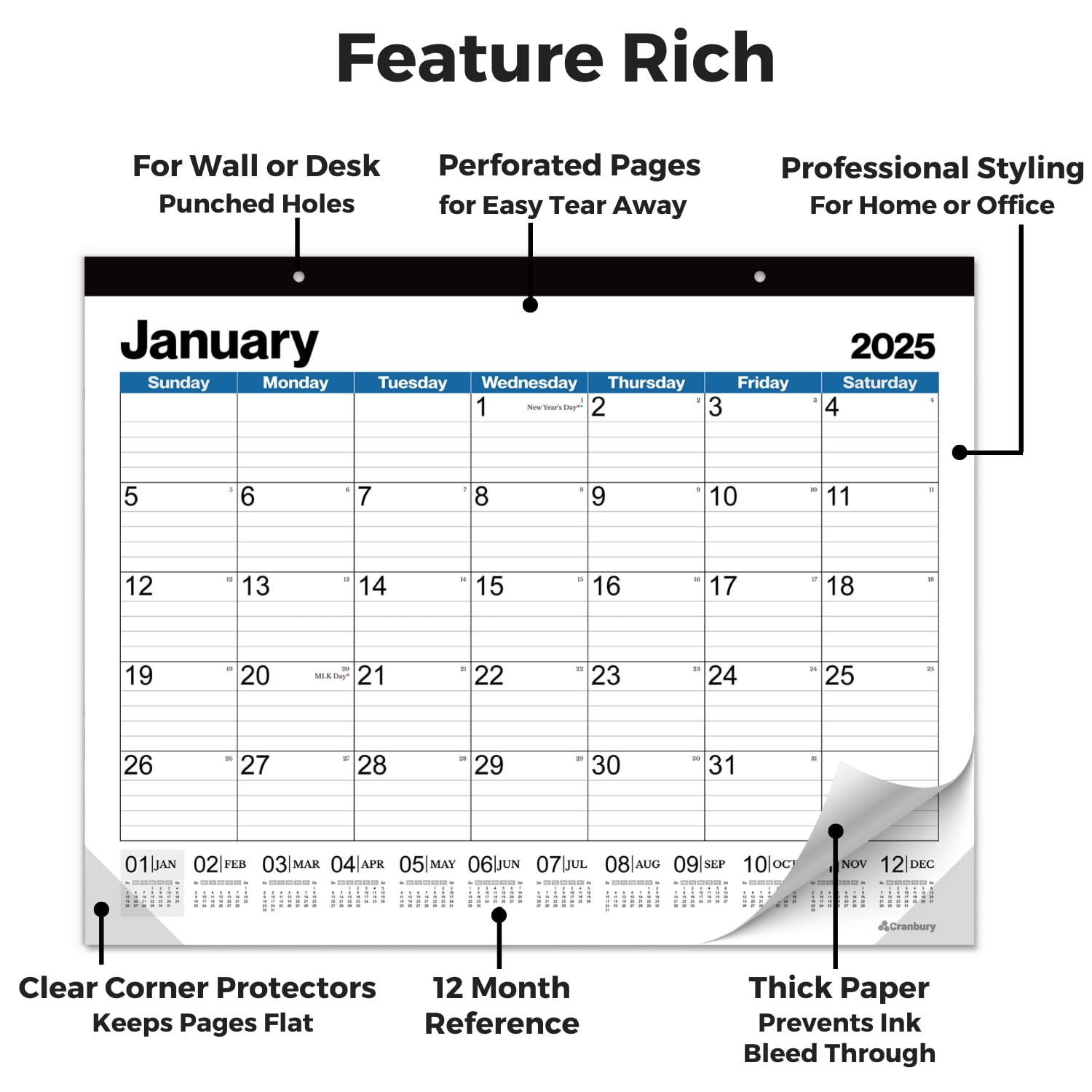 CRANBURY Large 22x17 Desk Calendar 2025 - Big Monthly Planner & Desk Blotter for Office or Home Use | Includes Stickers | Perfect for Wall Hanging, Workstation Organization & Productivity Planning