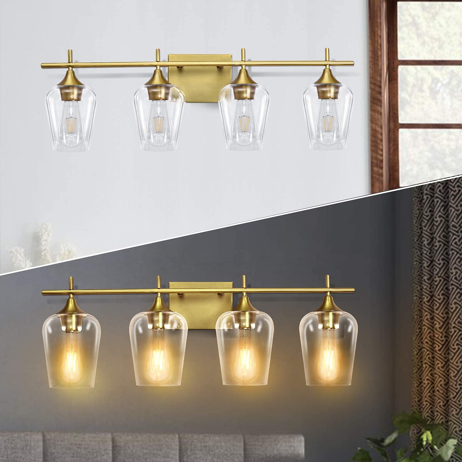 4-Light Bathroom Vanity Light Fixture - Bronze Brass Wall Sconce with Glass Shade - Over Mirror Lighting for Bathroom, Living Room, Bedroom & Dressing Area - Perfect for Modern Home Decor & Vanity Makeup Lighting
